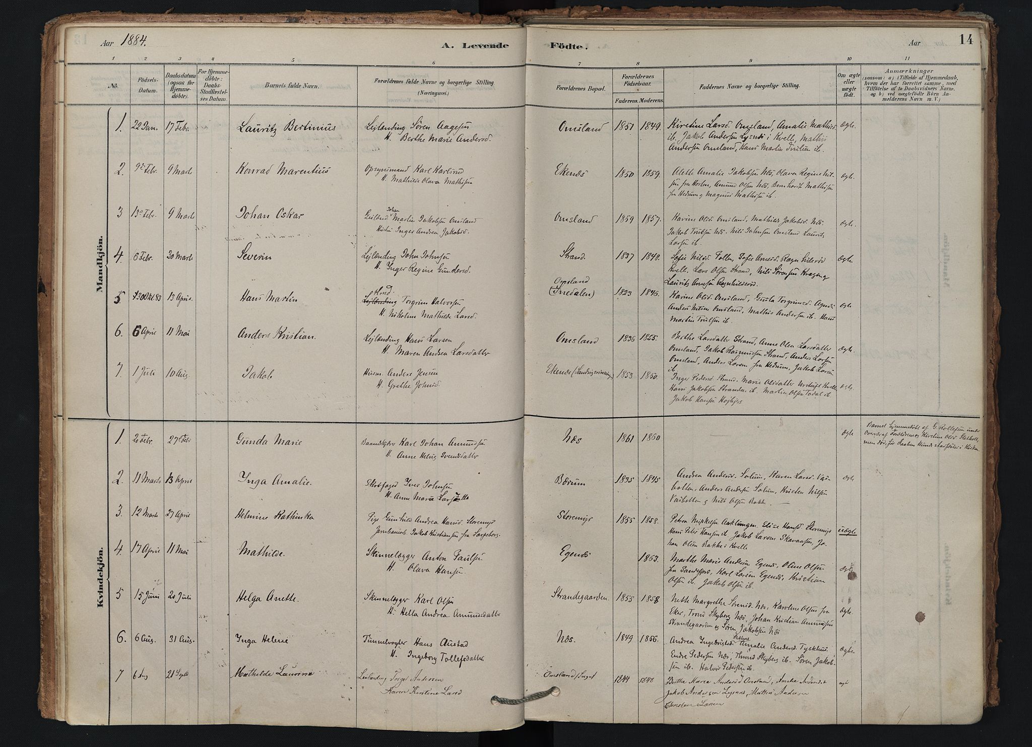 Brunlanes kirkebøker, AV/SAKO-A-342/F/Fd/L0001: Ministerialbok nr. IV 1, 1878-1917, s. 14