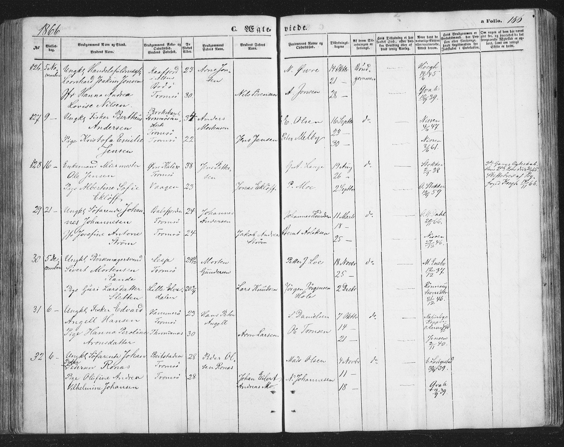 Tromsø sokneprestkontor/stiftsprosti/domprosti, AV/SATØ-S-1343/G/Ga/L0012kirke: Ministerialbok nr. 12, 1865-1871, s. 156