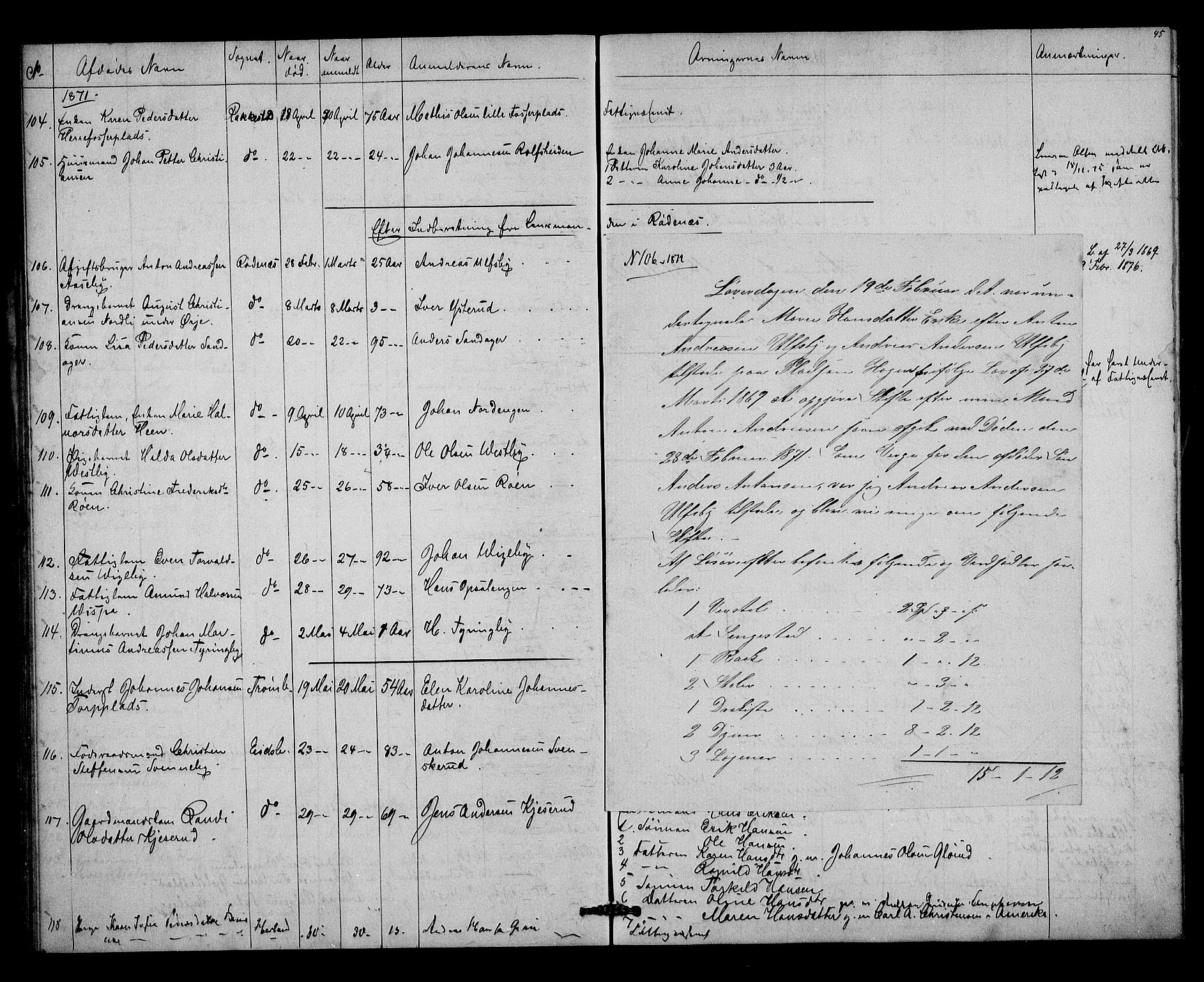 Rakkestad sorenskriveri, AV/SAO-A-10686/H/Ha/Haa/L0004: Dødsanmeldelsesprotokoller, 1869-1878, s. 45