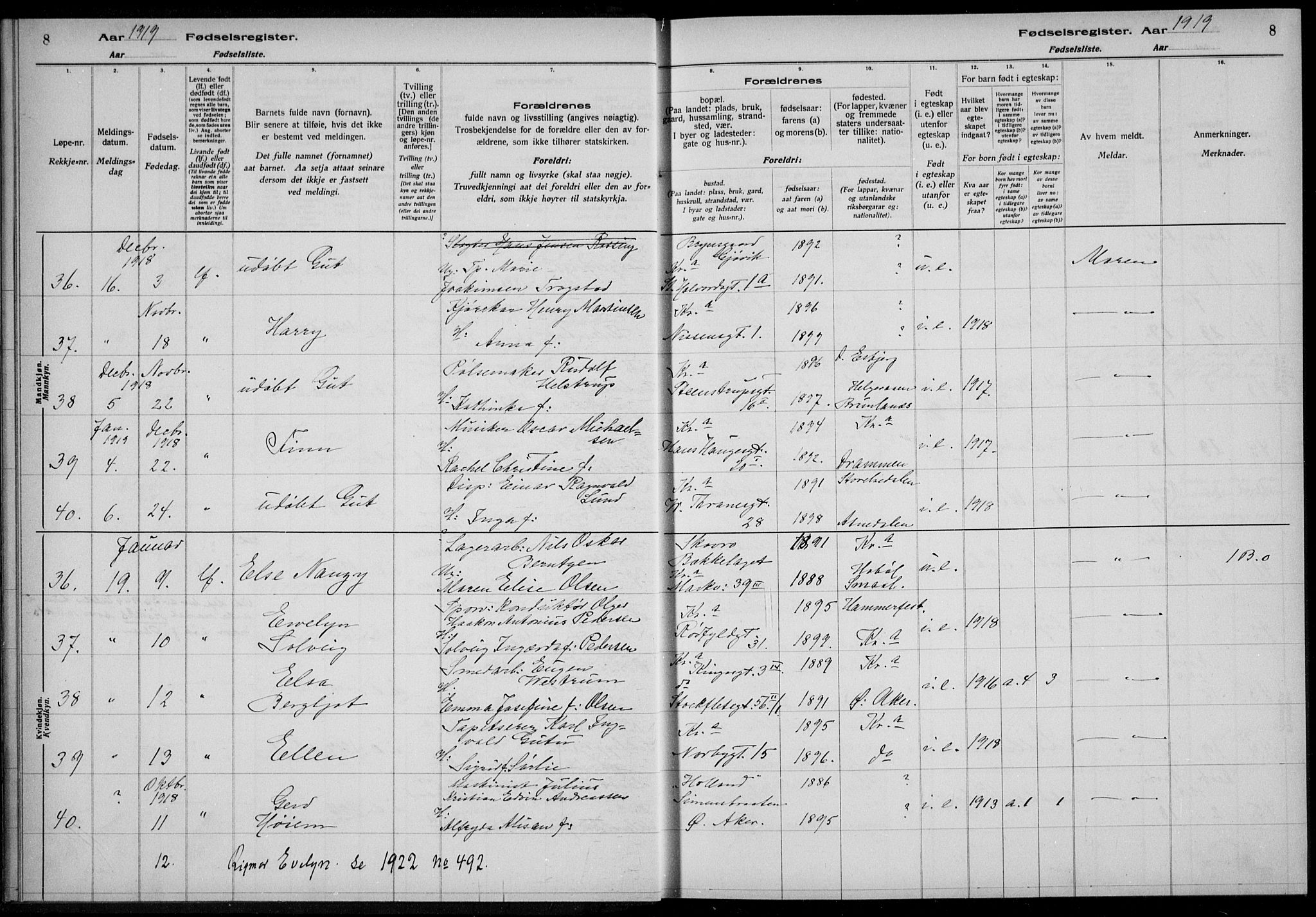 Rikshospitalet prestekontor Kirkebøker, AV/SAO-A-10309b/J/L0004: Fødselsregister nr. 4, 1919-1919, s. 8