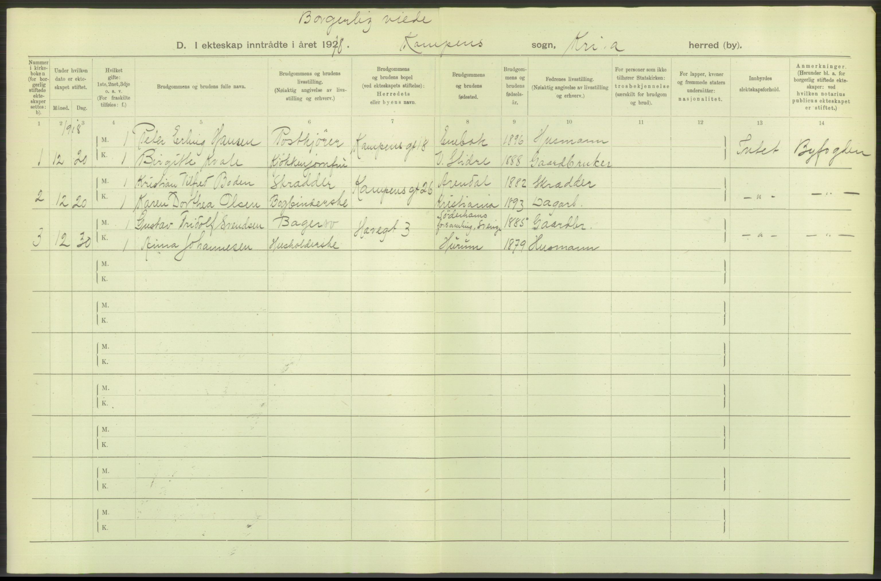 Statistisk sentralbyrå, Sosiodemografiske emner, Befolkning, AV/RA-S-2228/D/Df/Dfb/Dfbh/L0009: Kristiania: Gifte, 1918, s. 918