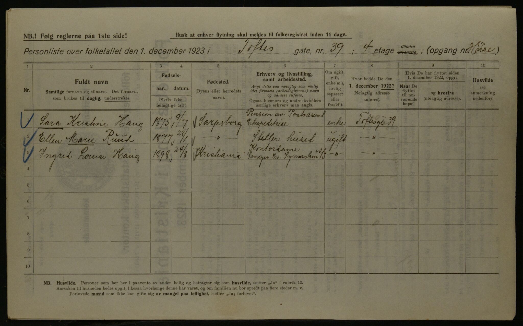 OBA, Kommunal folketelling 1.12.1923 for Kristiania, 1923, s. 124123