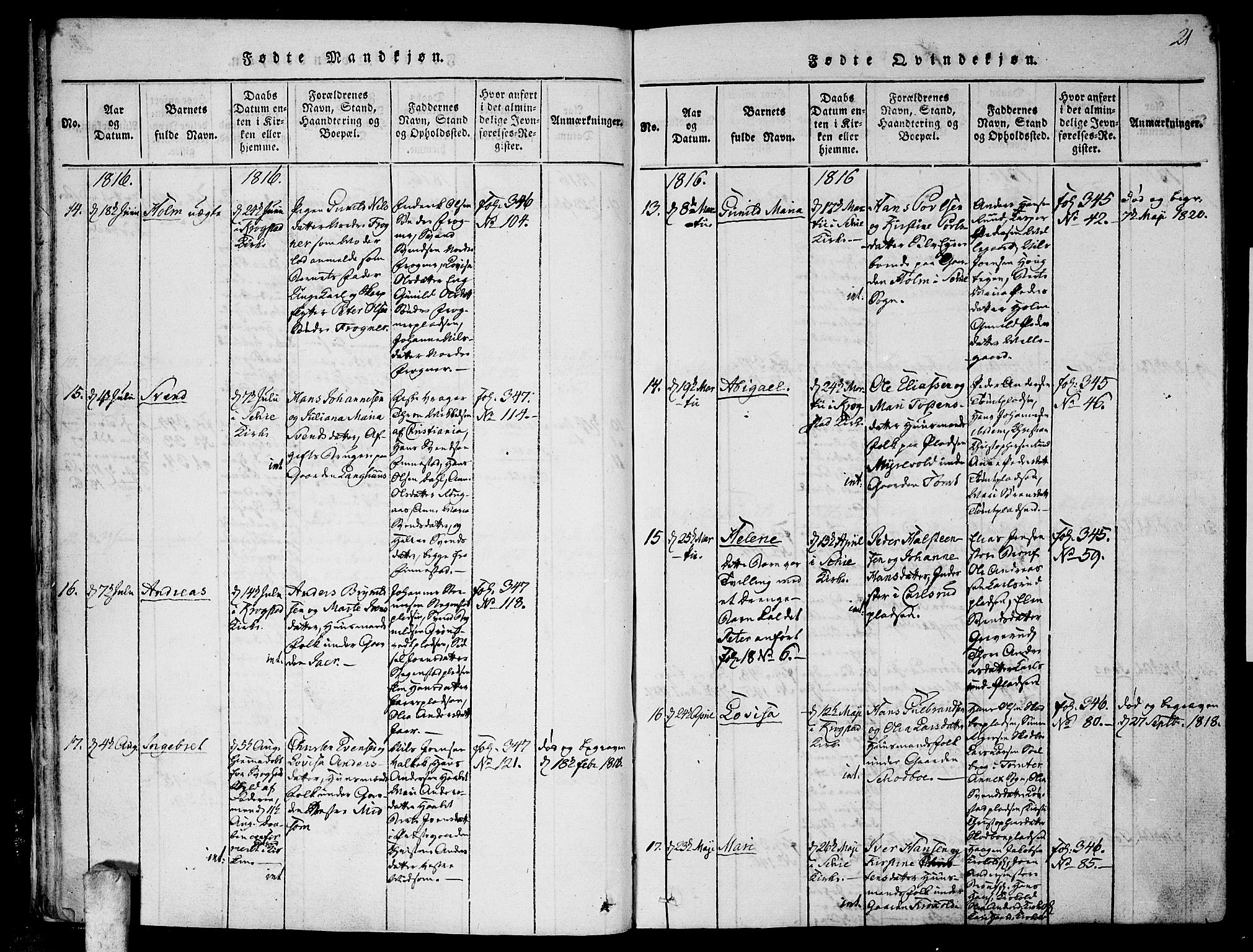 Kråkstad prestekontor Kirkebøker, SAO/A-10125a/F/Fa/L0003: Ministerialbok nr. I 3, 1813-1824, s. 21