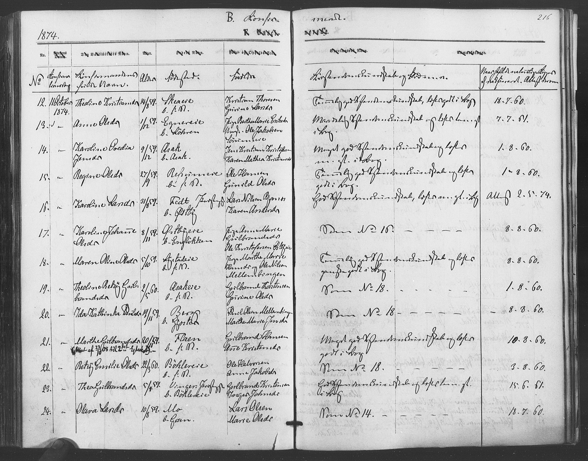 Sørum prestekontor Kirkebøker, AV/SAO-A-10303/F/Fa/L0006: Ministerialbok nr. I 6, 1864-1877, s. 216