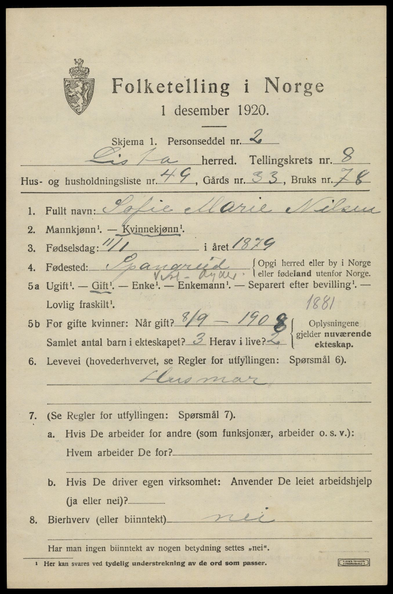 SAK, Folketelling 1920 for 1041 Lista herred, 1920, s. 8331