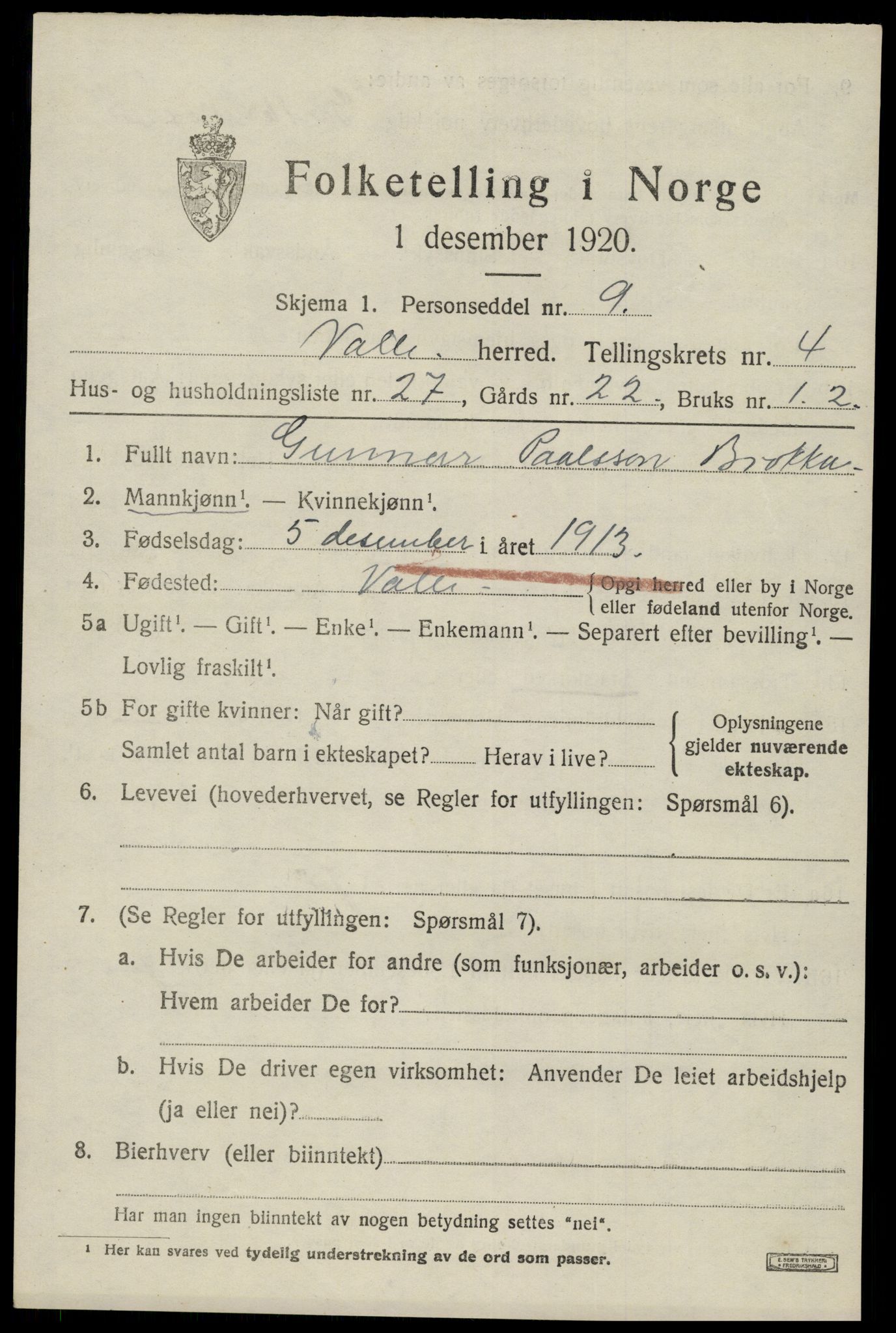 SAK, Folketelling 1920 for 0940 Valle herred, 1920, s. 2293
