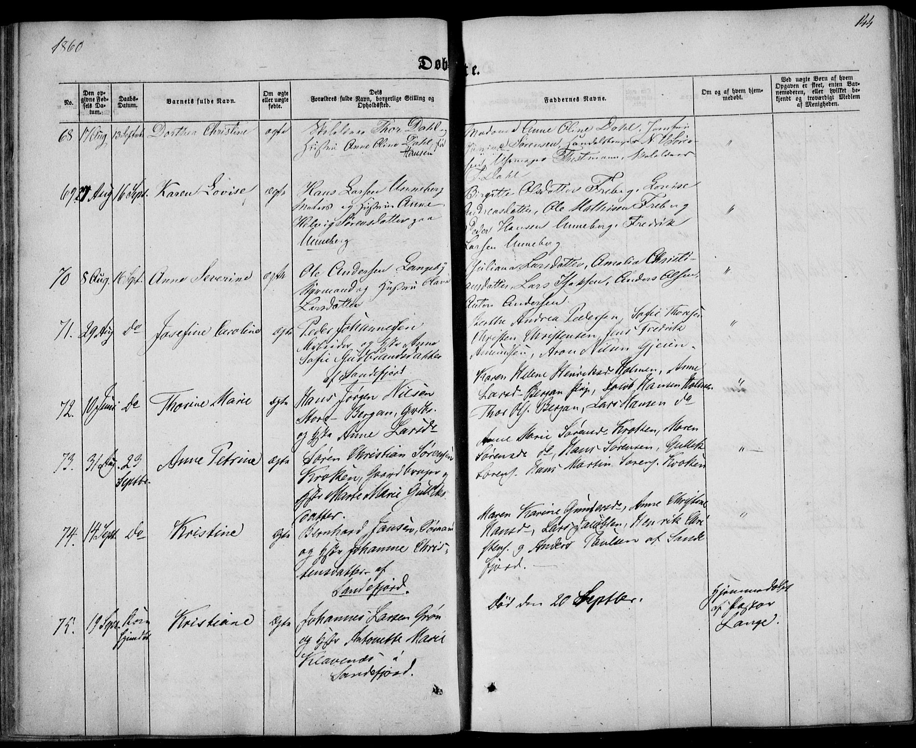 Sandar kirkebøker, AV/SAKO-A-243/F/Fa/L0007: Ministerialbok nr. 7, 1855-1861, s. 144