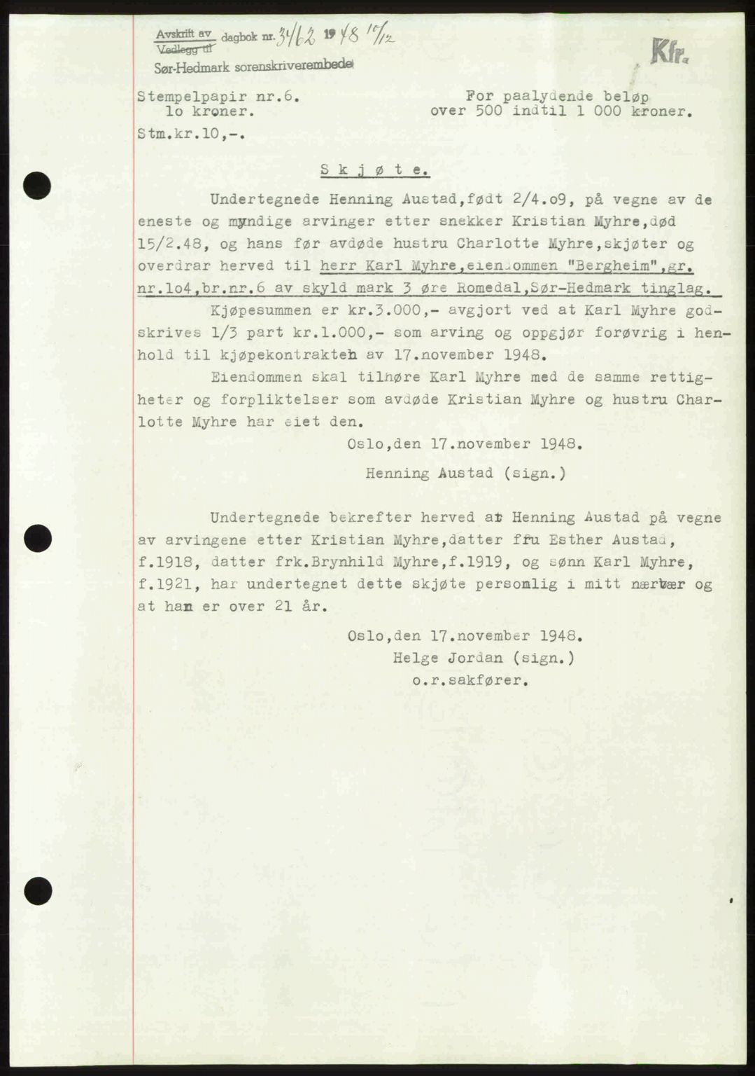 Sør-Hedmark sorenskriveri, SAH/TING-014/H/Hb/Hbd/L0018: Pantebok nr. 18, 1948-1949, Dagboknr: 3462/1948