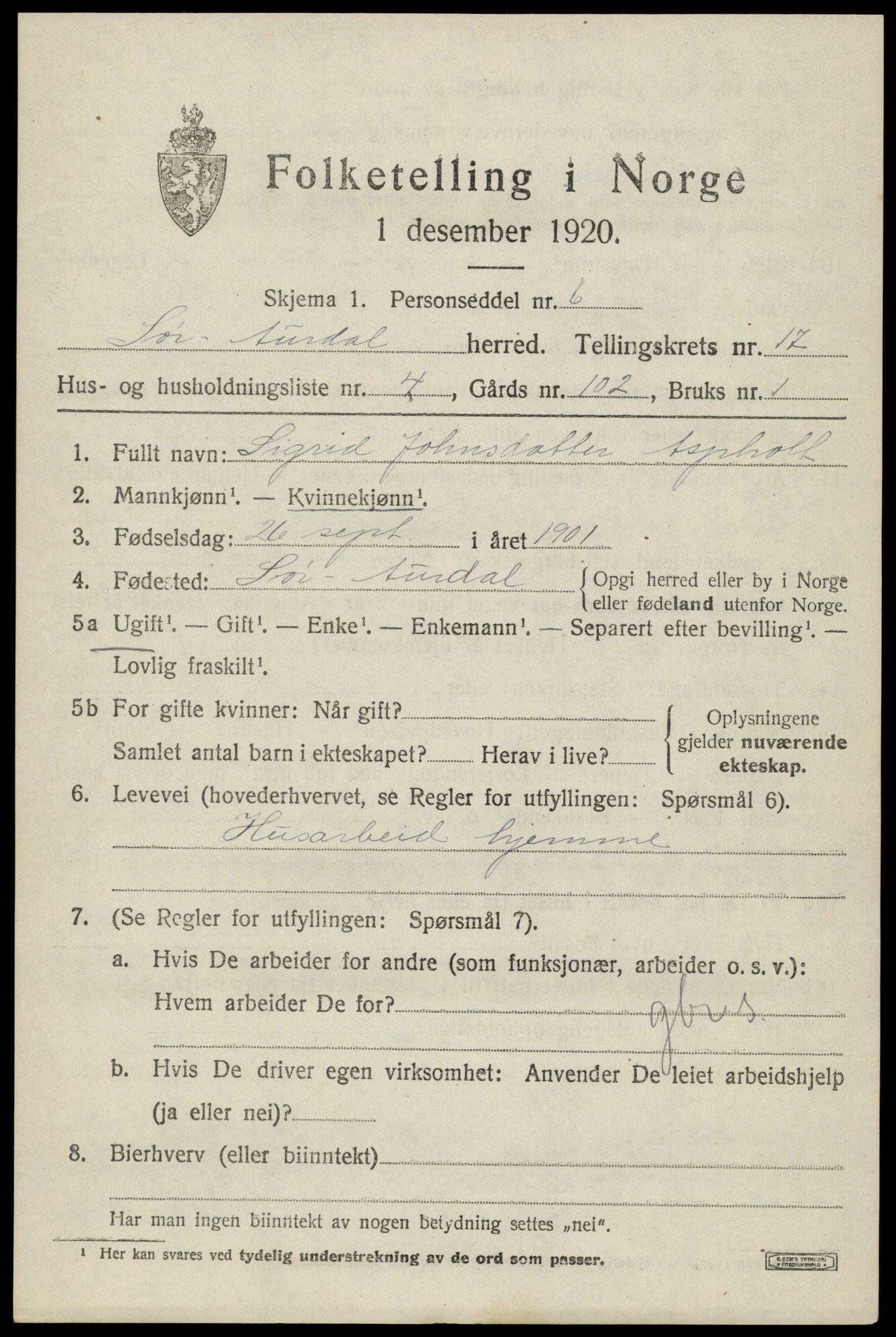 SAH, Folketelling 1920 for 0540 Sør-Aurdal herred, 1920, s. 9823