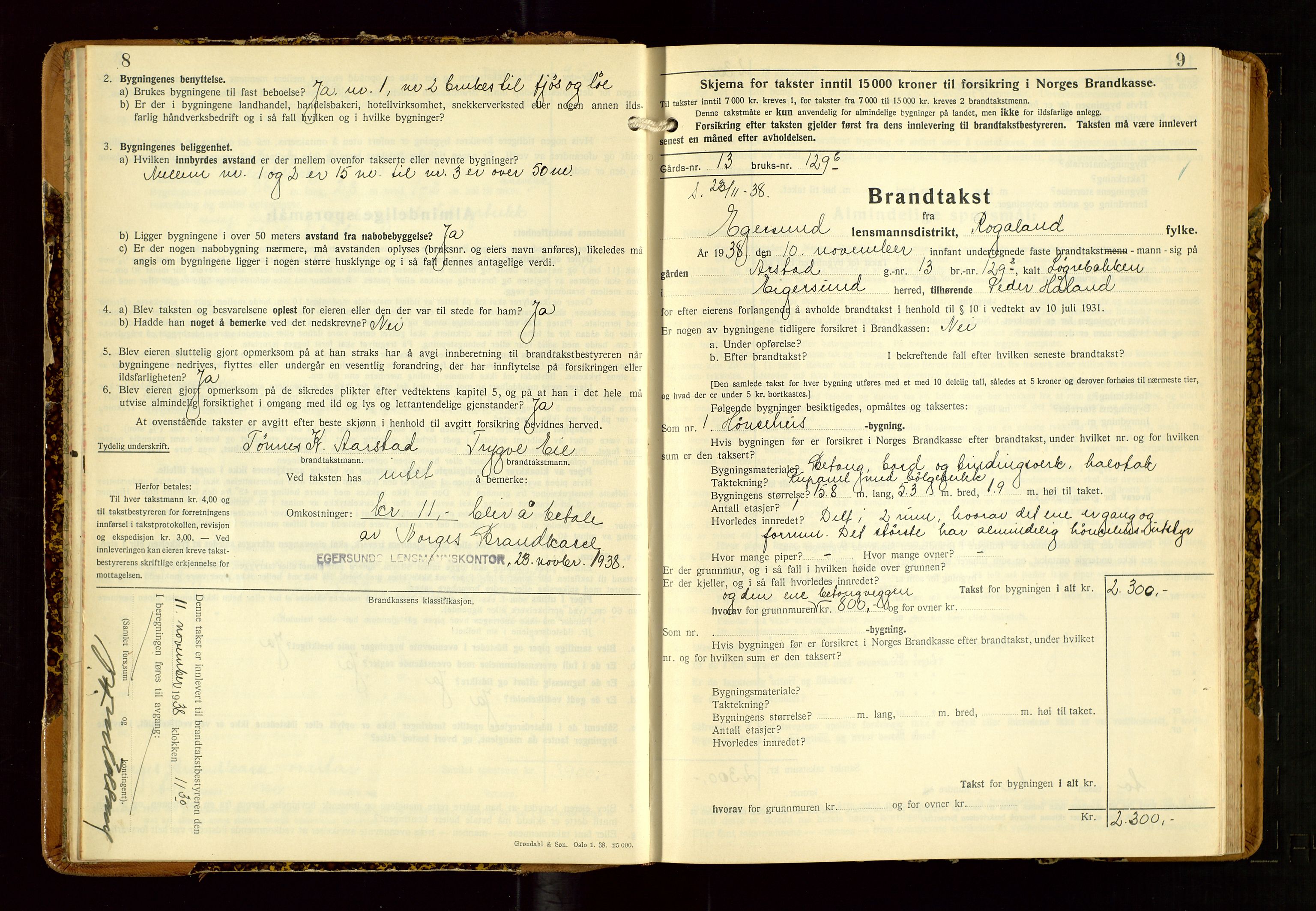 Eigersund lensmannskontor, AV/SAST-A-100171/Gob/L0007: "Brandtakstprotokoll", 1938-1955, s. 8-9