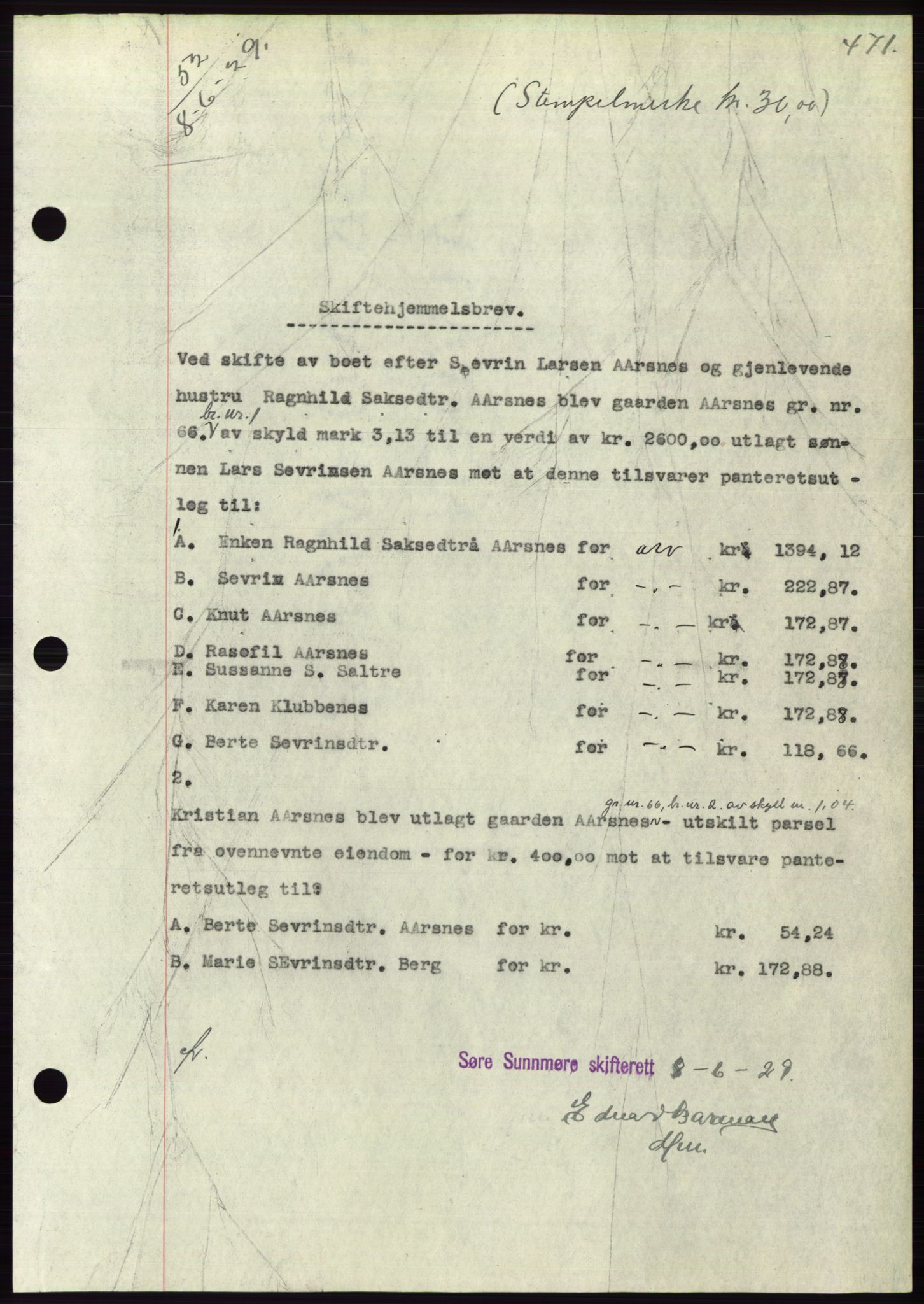 Søre Sunnmøre sorenskriveri, AV/SAT-A-4122/1/2/2C/L0049: Pantebok nr. 43, 1929-1929, Tingl.dato: 08.06.1929