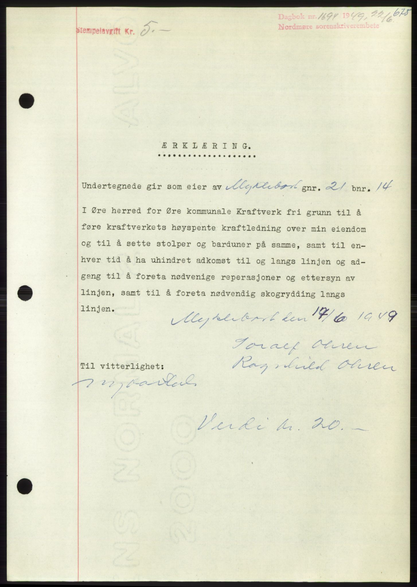 Nordmøre sorenskriveri, SAT/A-4132/1/2/2Ca: Pantebok nr. B101, 1949-1949, Dagboknr: 1694/1949