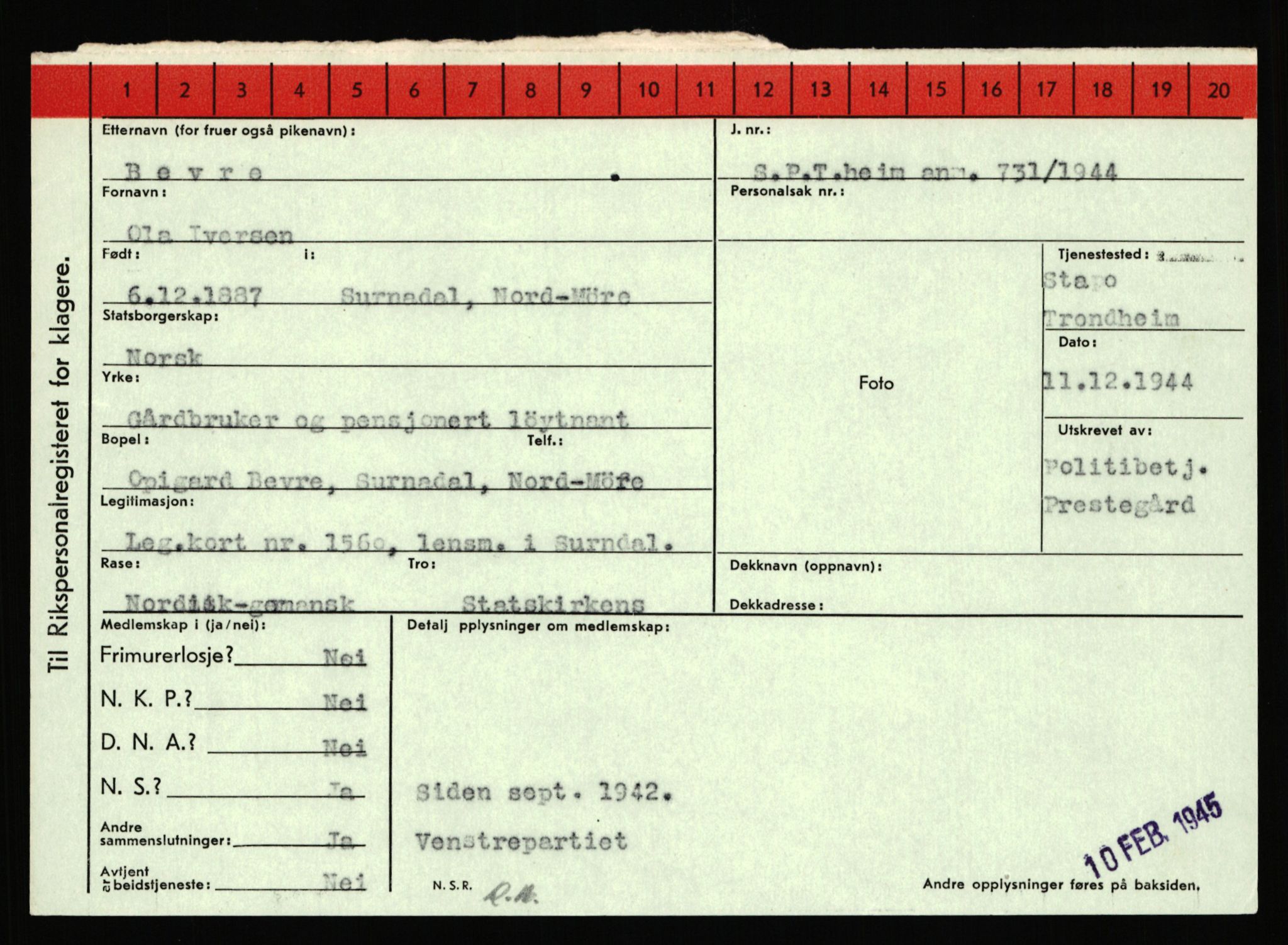 Statspolitiet - Hovedkontoret / Osloavdelingen, AV/RA-S-1329/C/Ca/L0002: Arneberg - Brand, 1943-1945, s. 3167