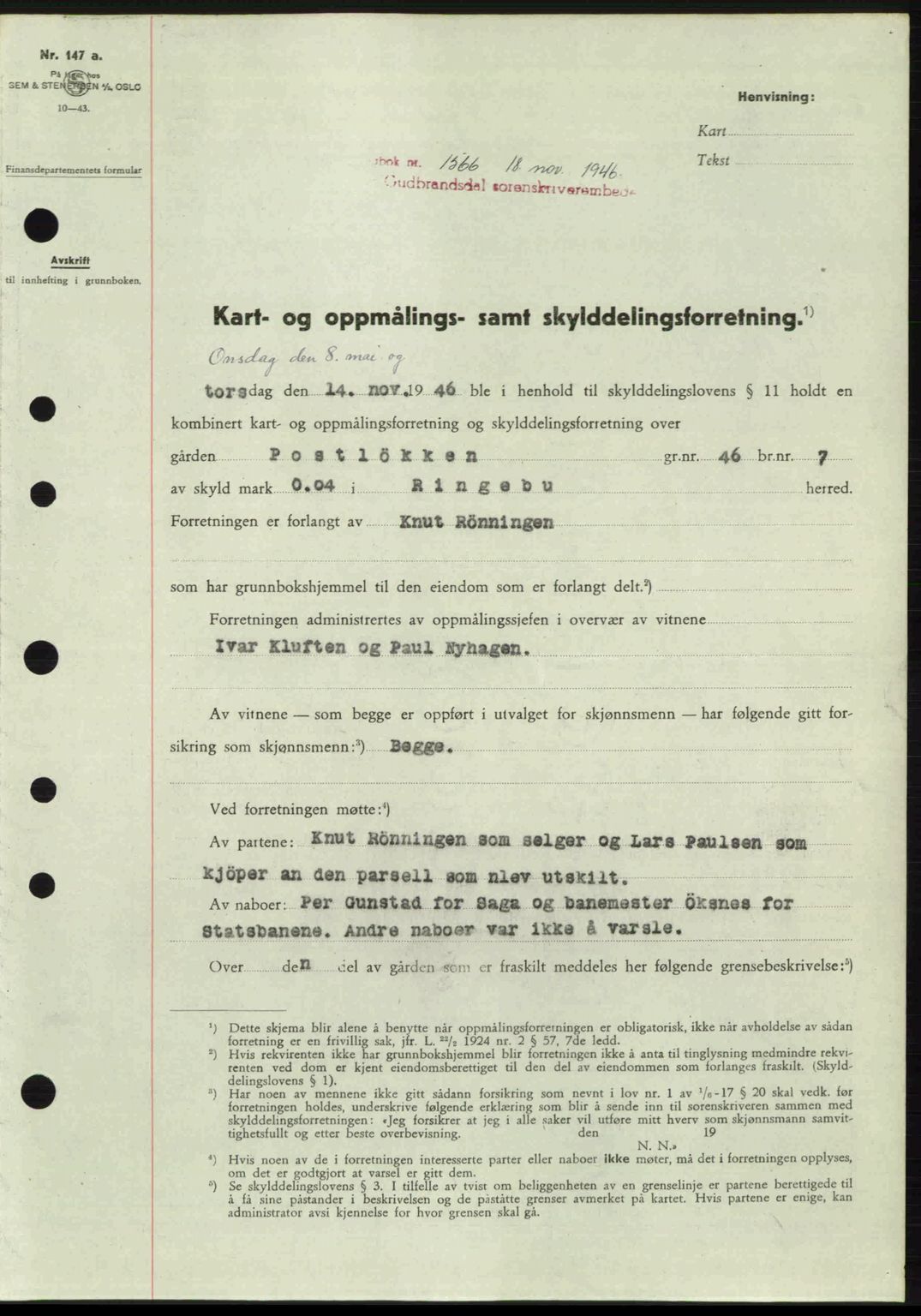 Sør-Gudbrandsdal tingrett, SAH/TING-004/H/Hb/Hbd/L0017: Pantebok nr. A17, 1946-1947, Dagboknr: 1566/1946