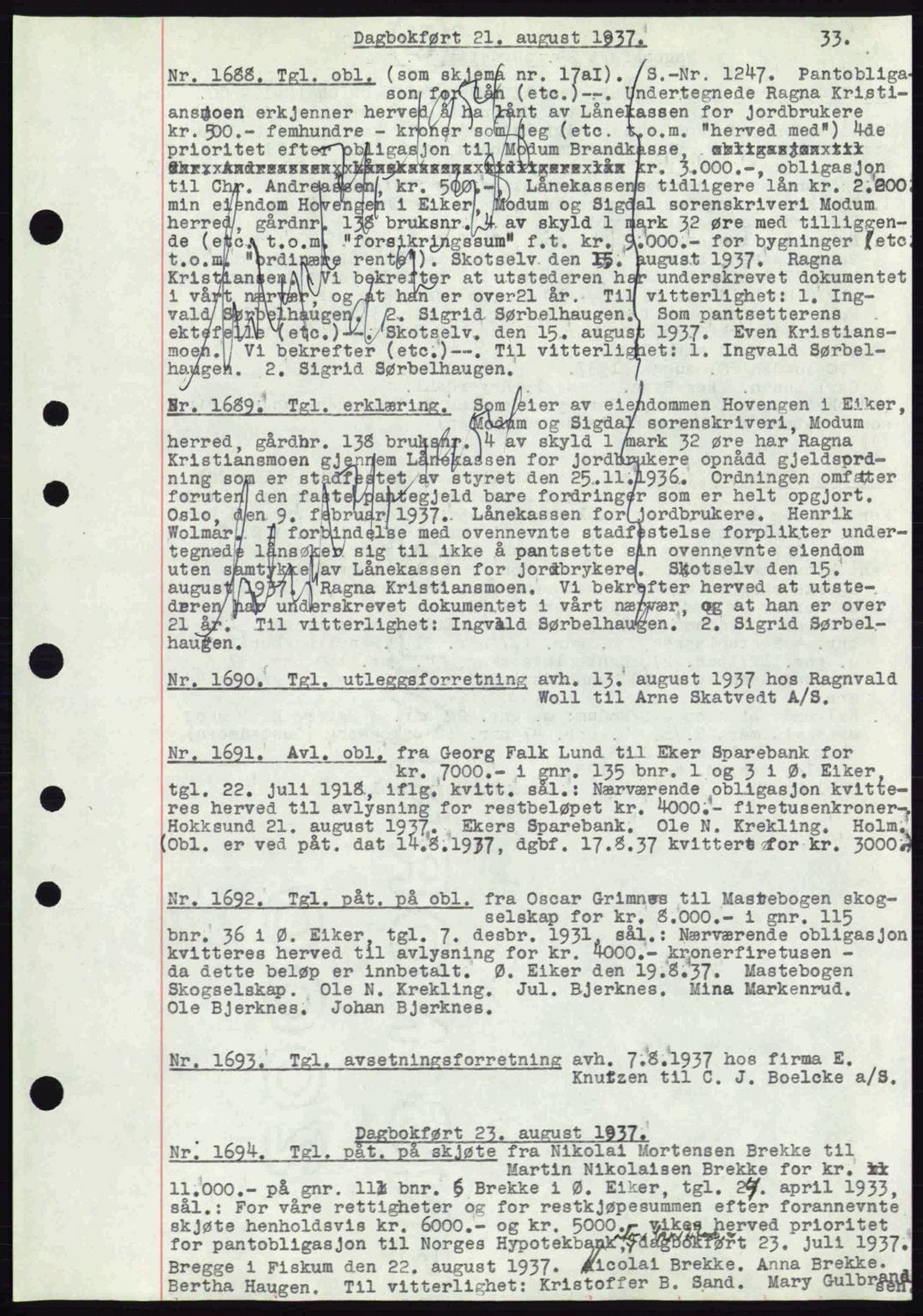 Eiker, Modum og Sigdal sorenskriveri, SAKO/A-123/G/Ga/Gab/L0036: Pantebok nr. A6, 1937-1937, Dagboknr: 1688/1937