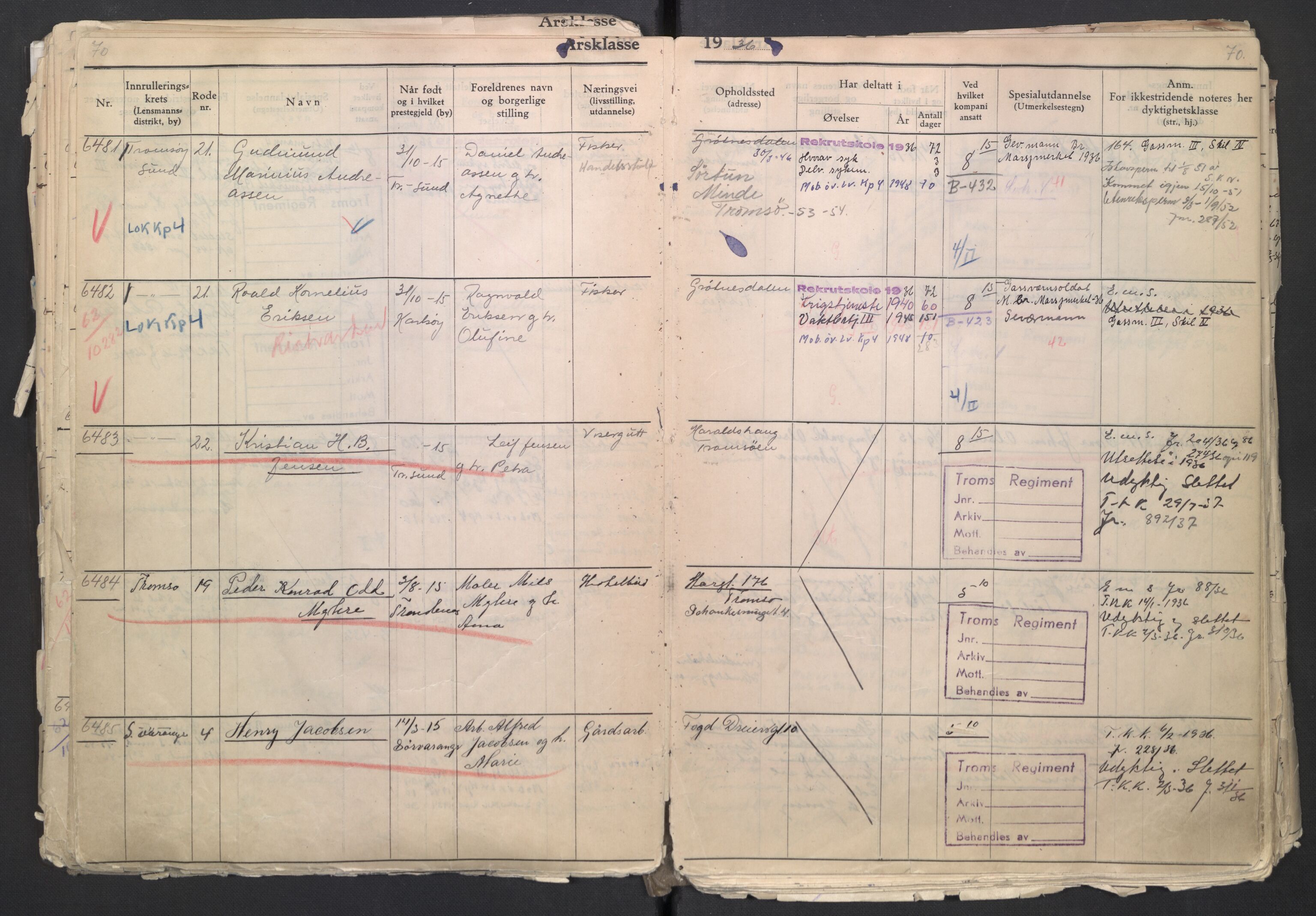 Forsvaret, Troms infanteriregiment nr. 16, AV/RA-RAFA-3146/P/Pa/L0007/0001: Ruller / Rulle for regimentets menige mannskaper, årsklasse 1936, 1936, s. 70