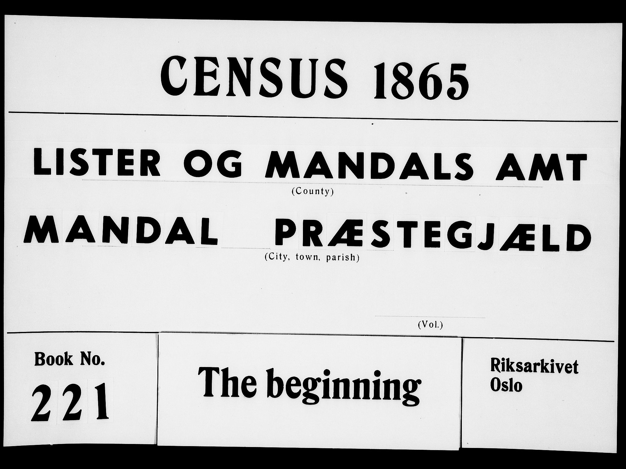 RA, Folketelling 1865 for 1019L Mandal prestegjeld, Halse sokn og Harkmark sokn, 1865, s. 1