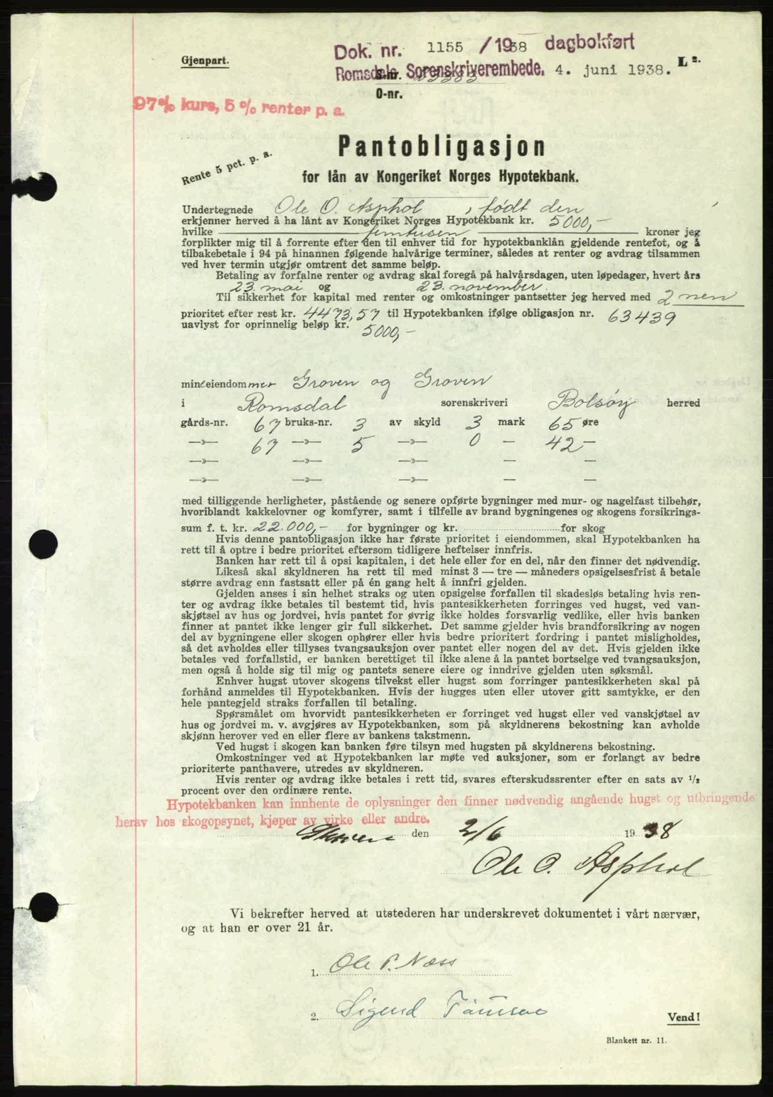 Romsdal sorenskriveri, SAT/A-4149/1/2/2C: Pantebok nr. B1, 1936-1939, Dagboknr: 1155/1938