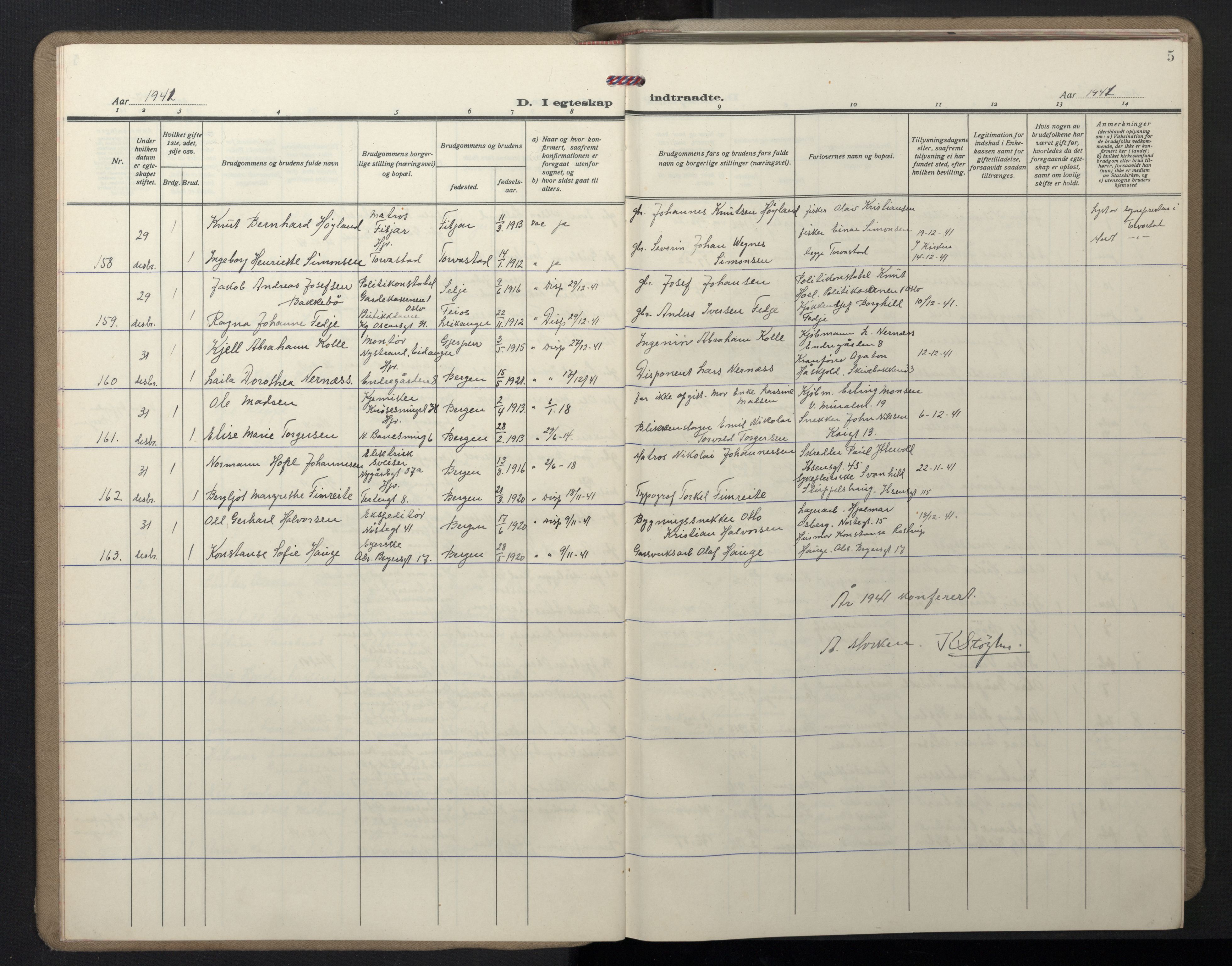 Domkirken sokneprestembete, AV/SAB-A-74801/H/Hab/L0035: Klokkerbok nr. D 7, 1941-1953, s. 5