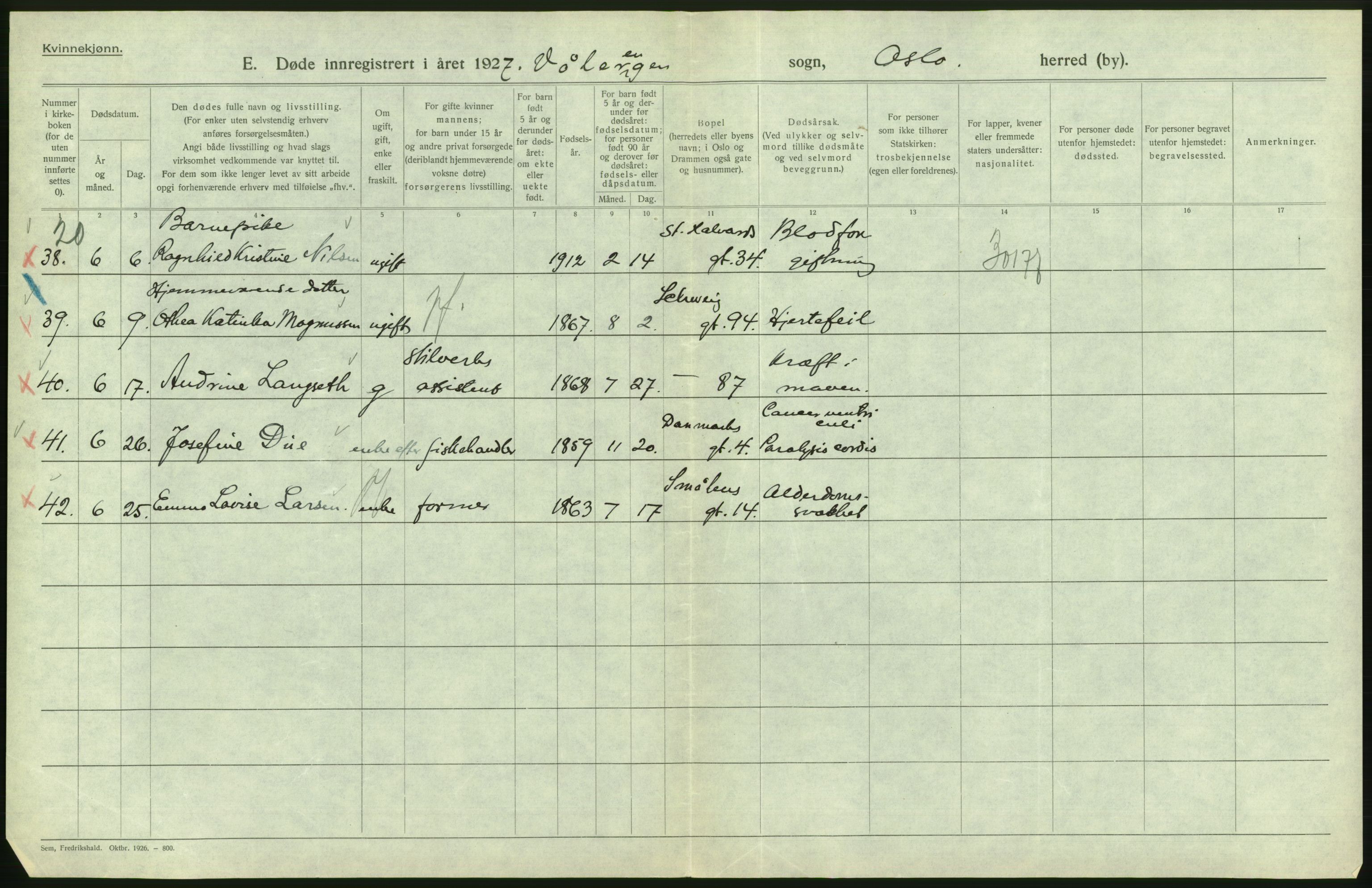 Statistisk sentralbyrå, Sosiodemografiske emner, Befolkning, AV/RA-S-2228/D/Df/Dfc/Dfcg/L0010: Oslo: Døde kvinner, dødfødte, 1927, s. 486