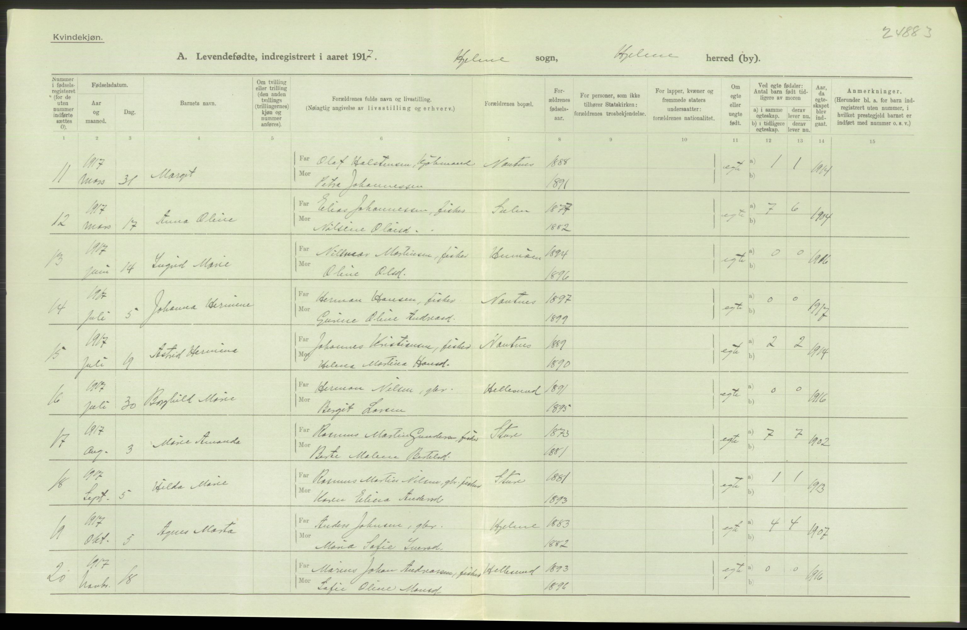 Statistisk sentralbyrå, Sosiodemografiske emner, Befolkning, AV/RA-S-2228/D/Df/Dfb/Dfbg/L0034: S. Bergenhus amt: Levendefødte menn og kvinner. Bygder., 1917, s. 106