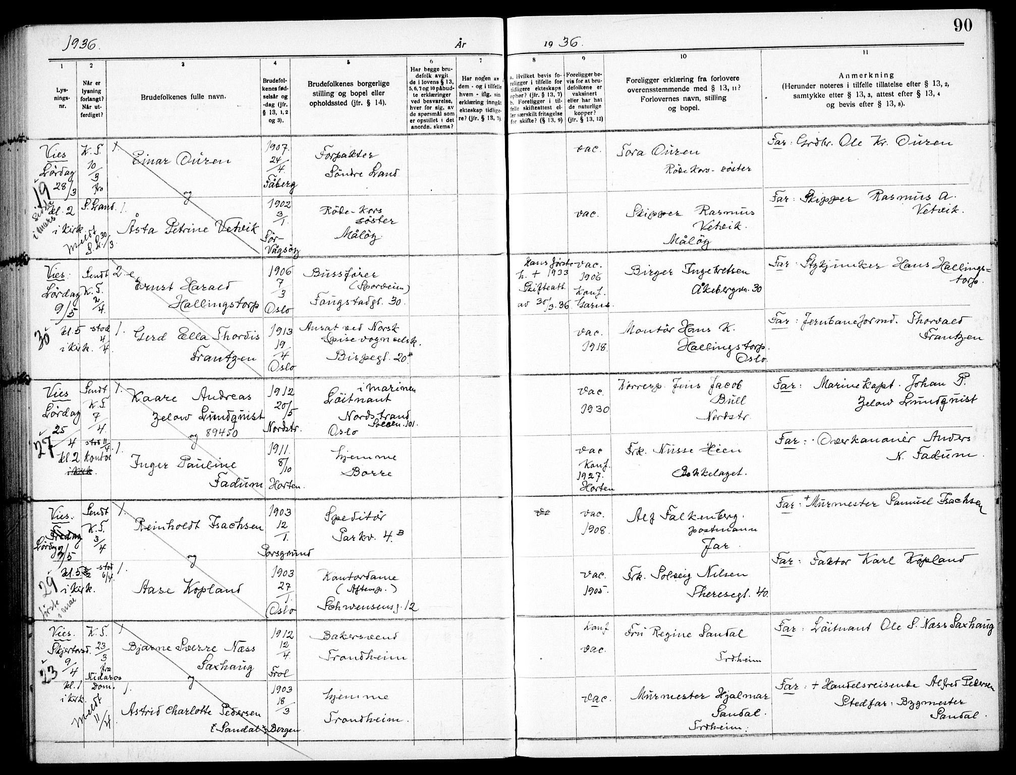 Garnisonsmenigheten Kirkebøker, AV/SAO-A-10846/H/Ha/L0011: Lysningsprotokoll nr. I 11, 1932-1936, s. 90