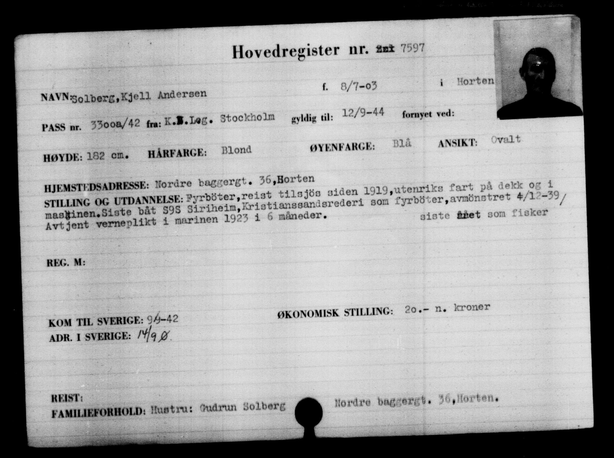 Utenriksstasjonene, Legasjonen i Stockholm, Flyktningkontoret, AV/RA-S-6753/V/Va/L0005: Kjesäterkartoteket, flyktninger med registreringsnr. 6600-9417, 1940-1945, s. 1159
