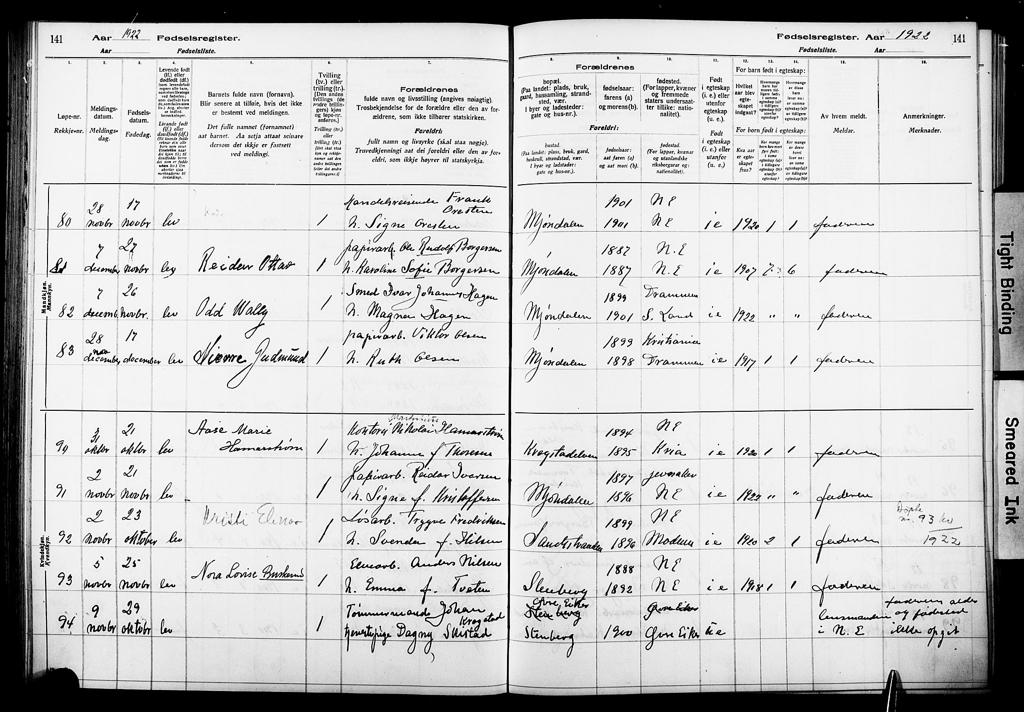 Nedre Eiker kirkebøker, AV/SAKO-A-612/J/Ja/L0001: Fødselsregister nr. 1, 1916-1925, s. 141