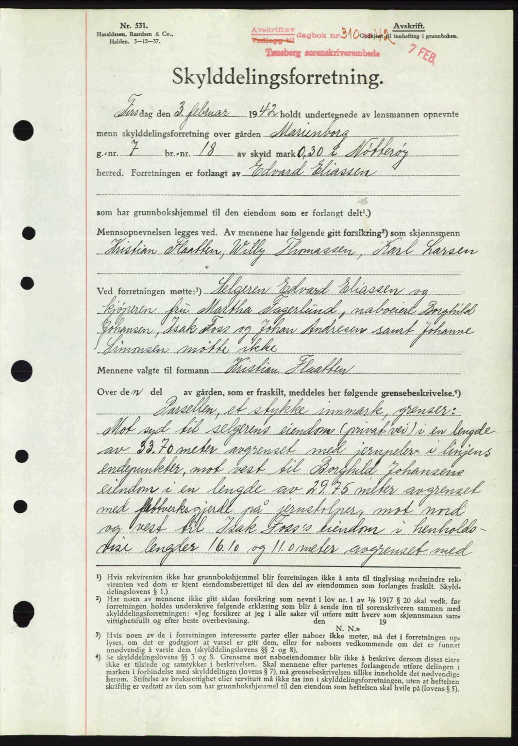 Tønsberg sorenskriveri, AV/SAKO-A-130/G/Ga/Gaa/L0011: Pantebok nr. A11, 1941-1942, Dagboknr: 310/1942