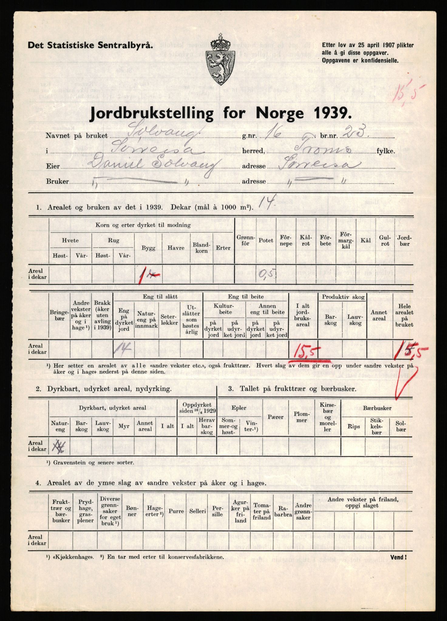 Statistisk sentralbyrå, Næringsøkonomiske emner, Jordbruk, skogbruk, jakt, fiske og fangst, AV/RA-S-2234/G/Gb/L0341: Troms: Sørreisa og Tranøy, 1939, s. 151