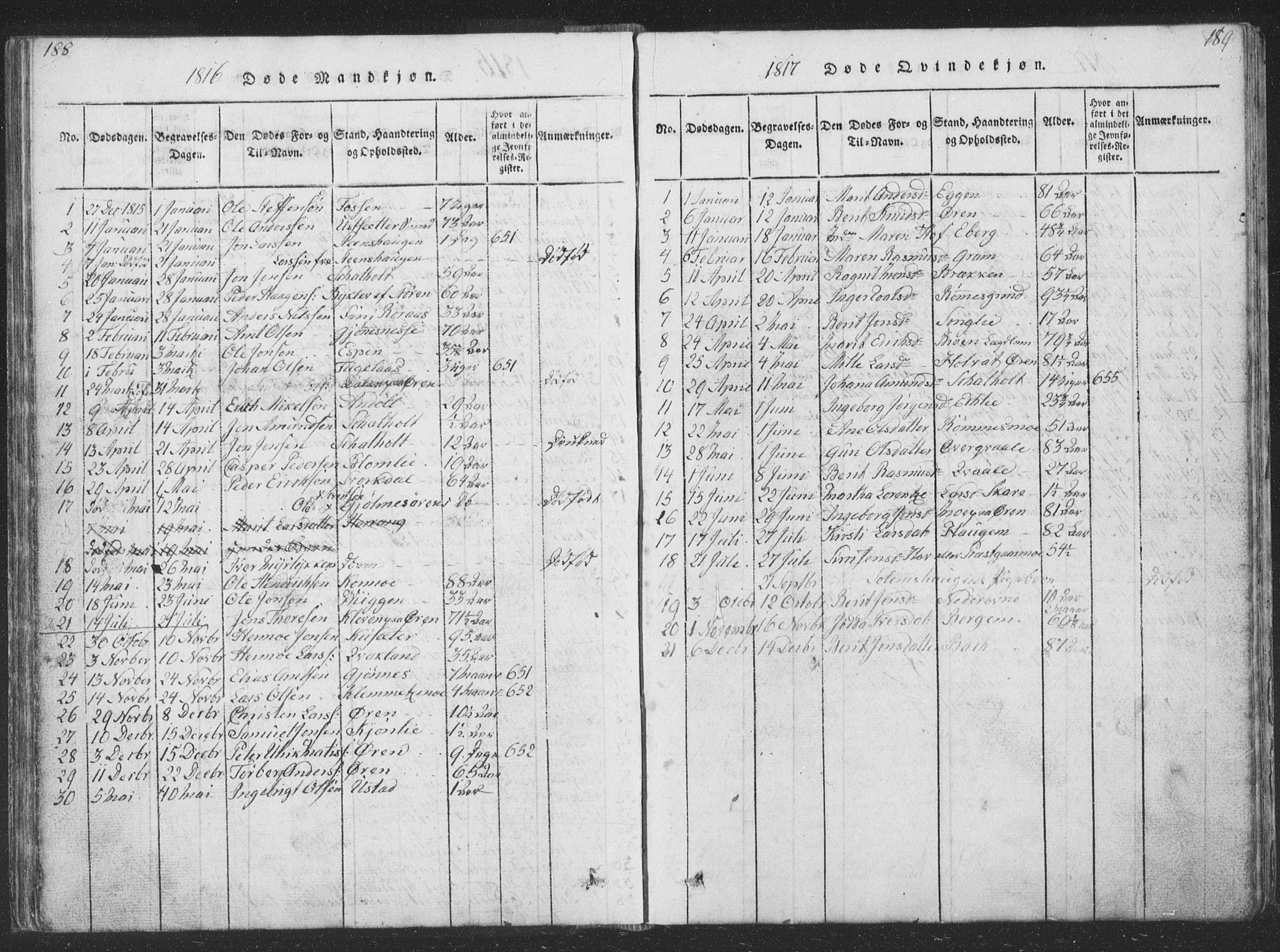 Ministerialprotokoller, klokkerbøker og fødselsregistre - Sør-Trøndelag, AV/SAT-A-1456/668/L0816: Klokkerbok nr. 668C05, 1816-1893, s. 188-189