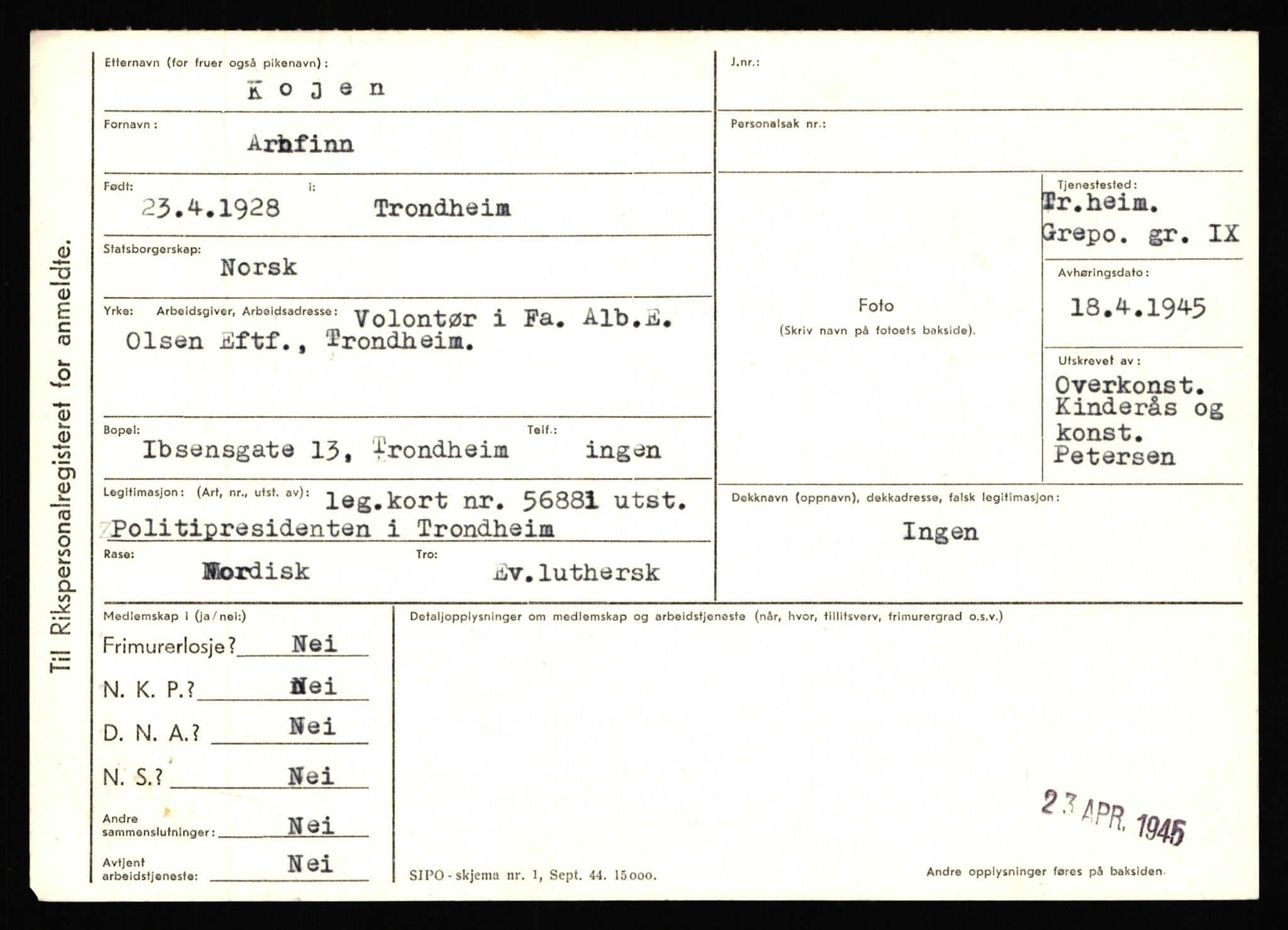 Statspolitiet - Hovedkontoret / Osloavdelingen, AV/RA-S-1329/C/Ca/L0009: Knutsen - Limstrand, 1943-1945, s. 458