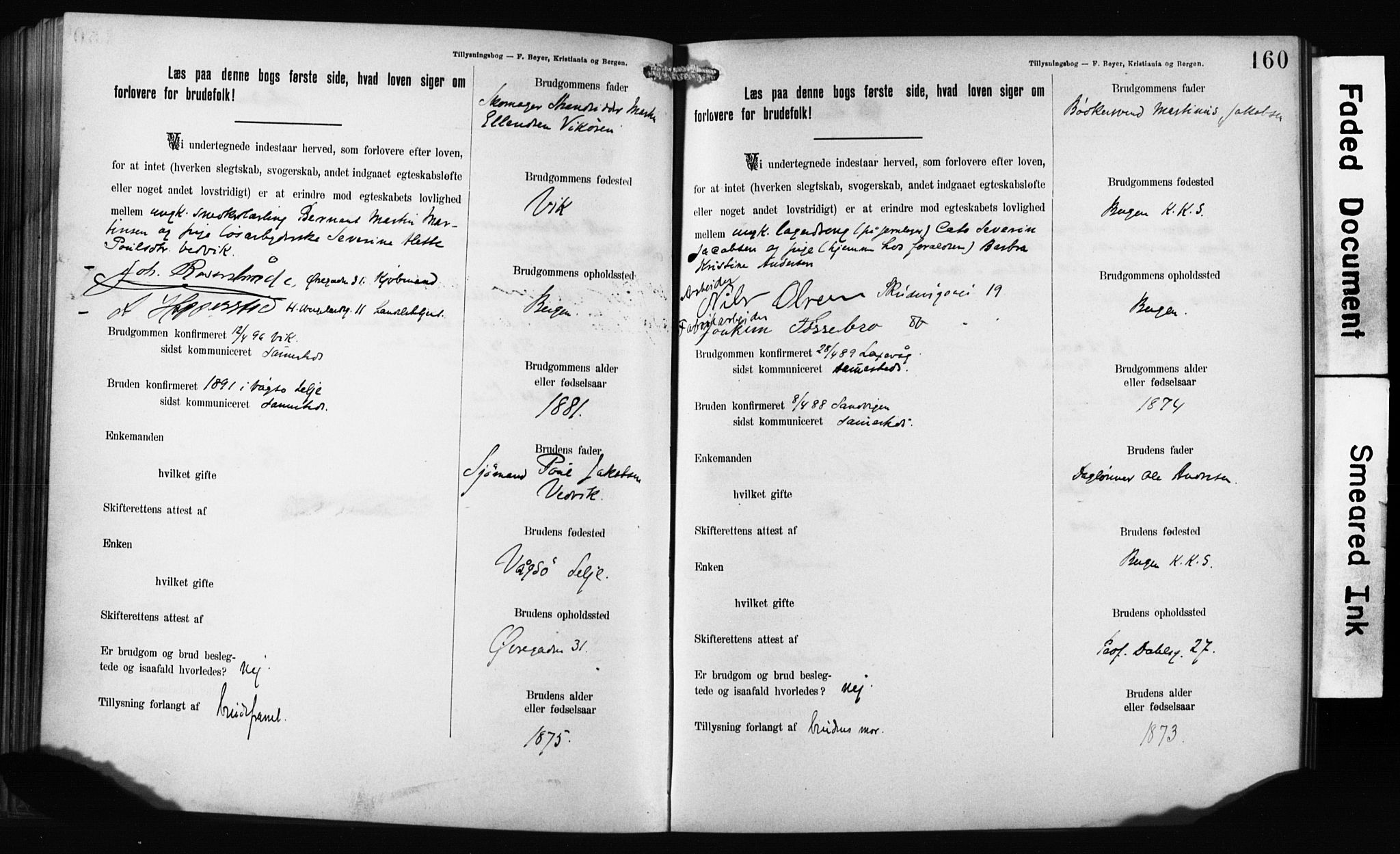 Mariakirken Sokneprestembete, SAB/A-76901: Forlovererklæringer nr. II.5.1, 1891-1901, s. 160