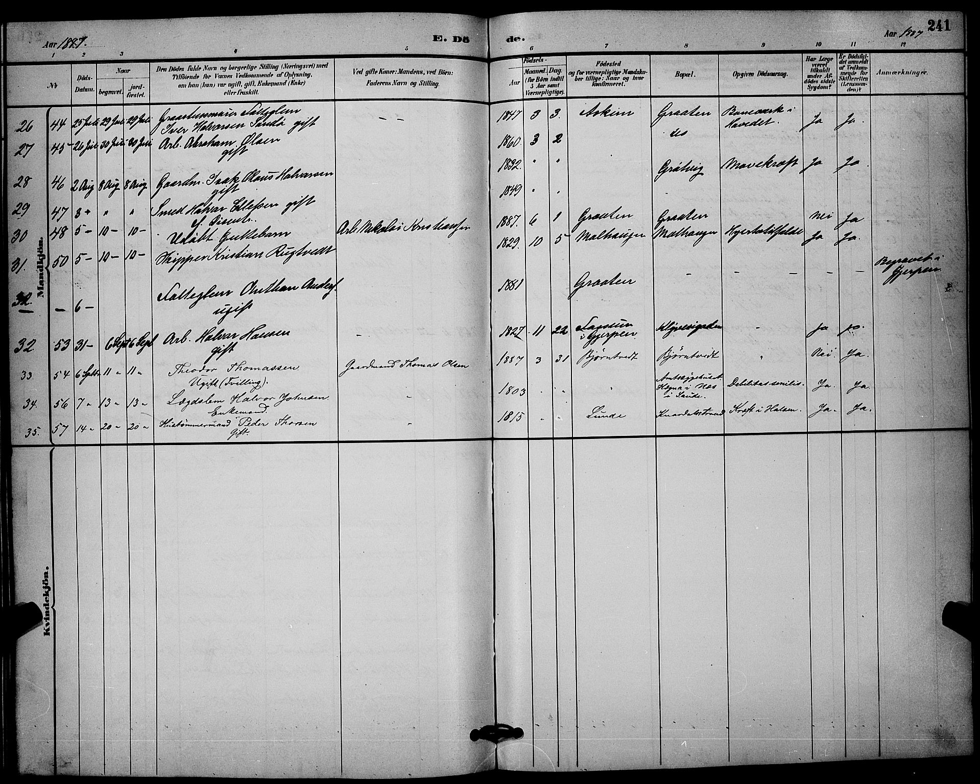 Solum kirkebøker, AV/SAKO-A-306/G/Ga/L0007: Klokkerbok nr. I 7, 1884-1898, s. 241