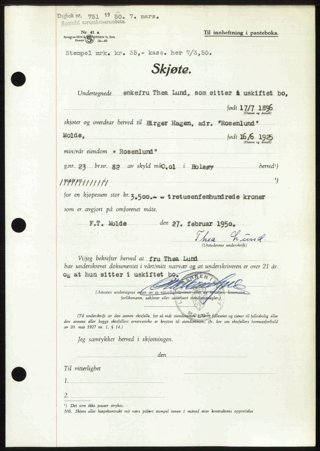 Romsdal sorenskriveri, SAT/A-4149/1/2/2C: Pantebok nr. A32, 1950-1950, Dagboknr: 751/1950