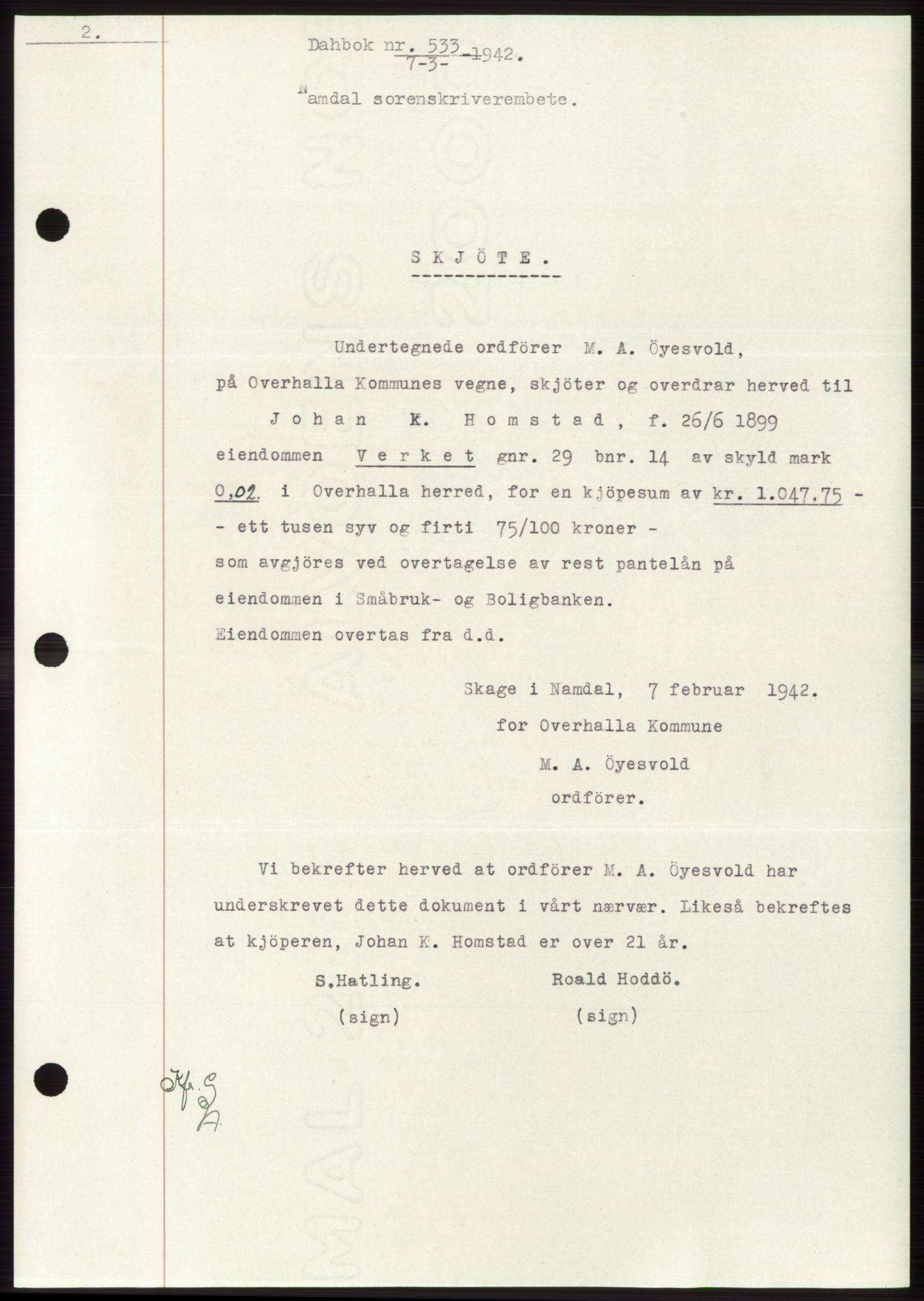 Namdal sorenskriveri, SAT/A-4133/1/2/2C: Pantebok nr. -, 1941-1942, Dagboknr: 533/1942