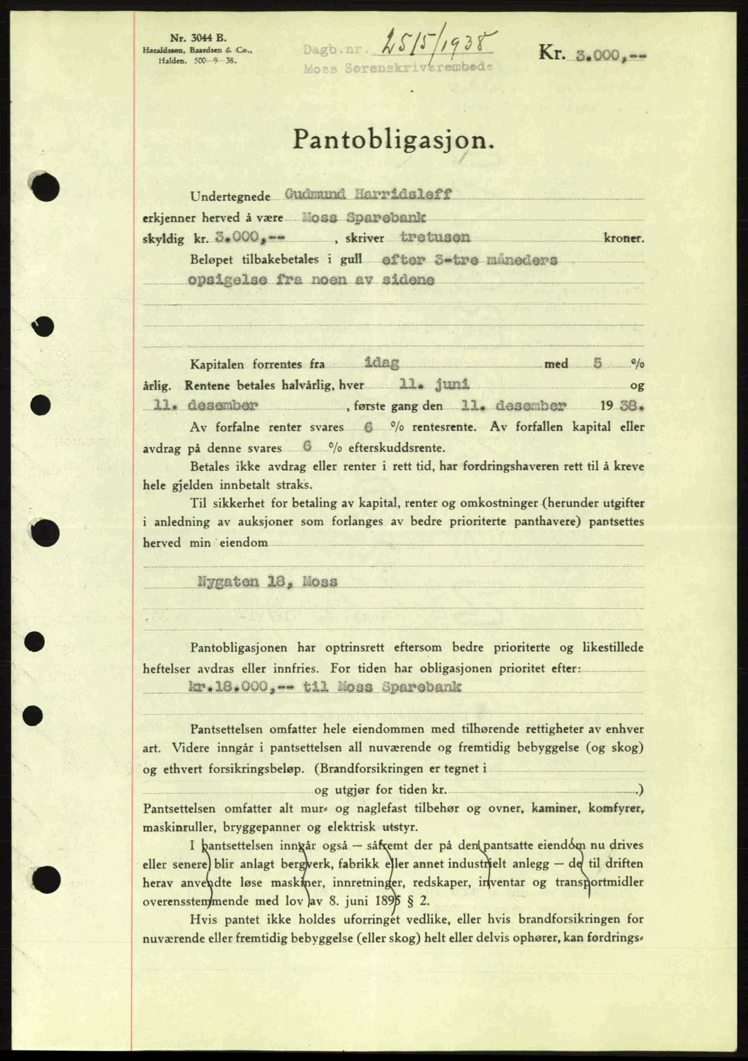 Moss sorenskriveri, SAO/A-10168: Pantebok nr. B6, 1938-1938, Dagboknr: 2515/1938