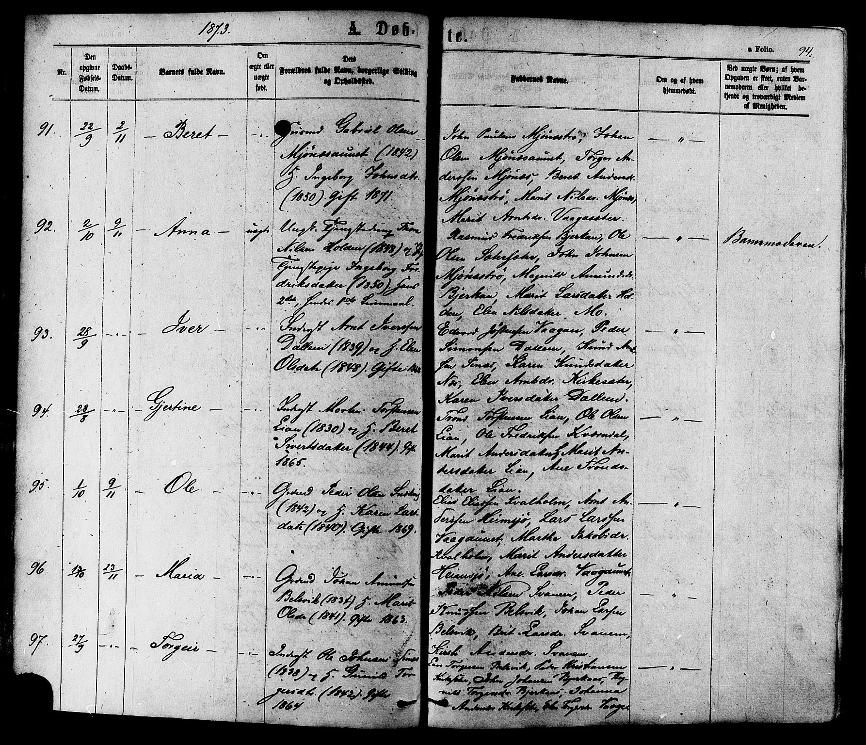 Ministerialprotokoller, klokkerbøker og fødselsregistre - Sør-Trøndelag, SAT/A-1456/630/L0495: Ministerialbok nr. 630A08, 1868-1878, s. 94