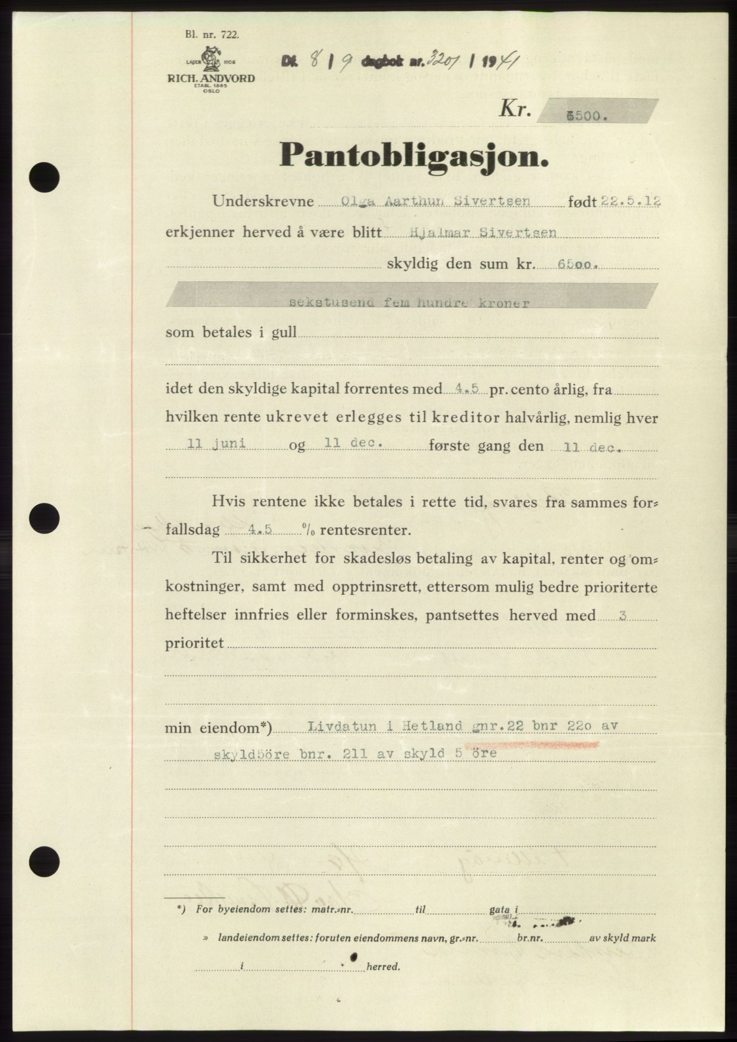 Jæren sorenskriveri, SAST/A-100310/03/G/Gba/L0081: Pantebok, 1941-1941, Dagboknr: 3201/1941