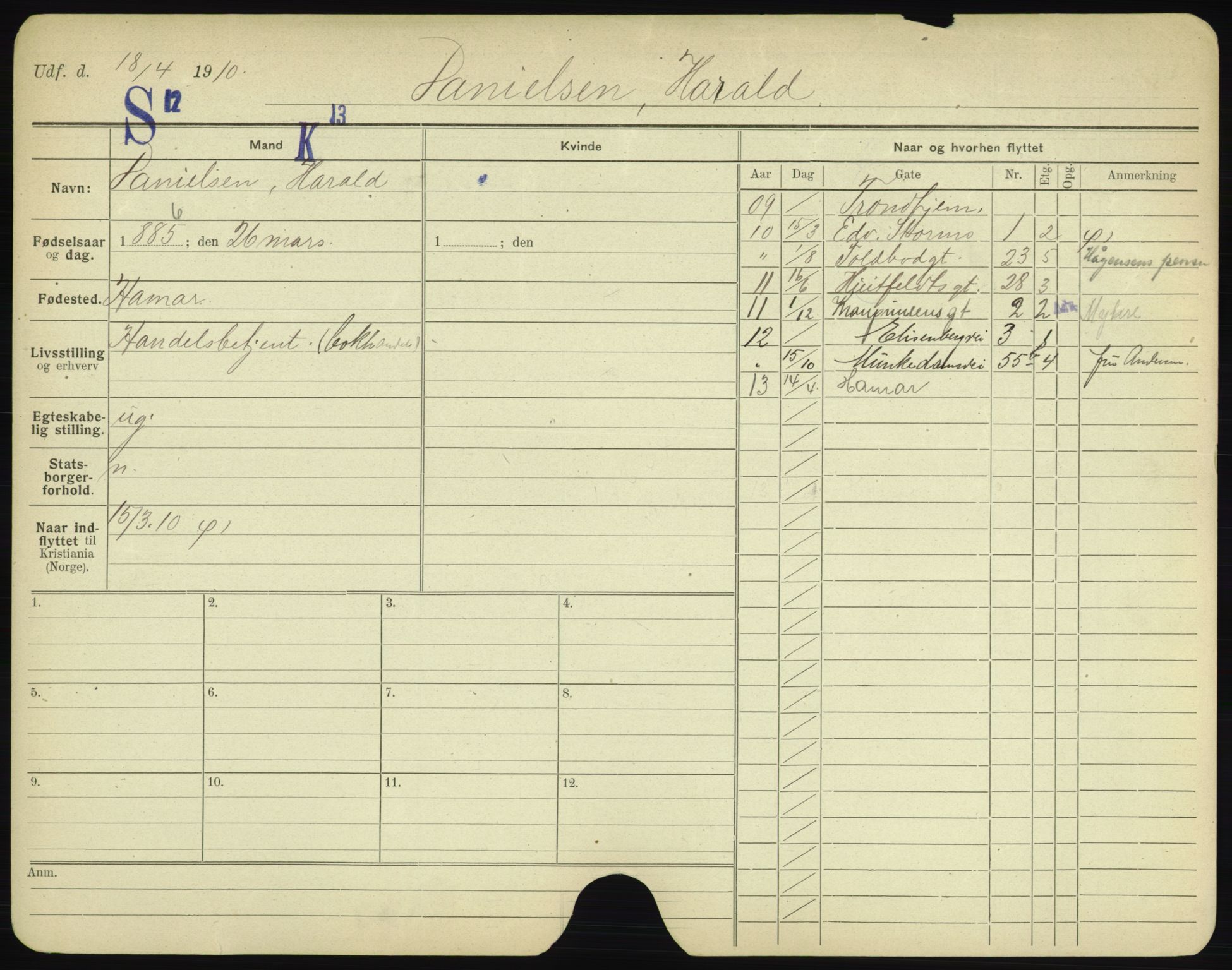 Oslo folkeregister, Registerkort, AV/SAO-A-11715/F/Fa/Fac/L0002: Menn, 1906-1914, s. 595a