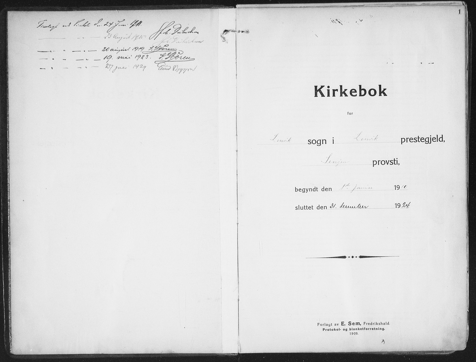 Lenvik sokneprestembete, AV/SATØ-S-1310/H/Ha/Haa/L0016kirke: Ministerialbok nr. 16, 1910-1924, s. 1