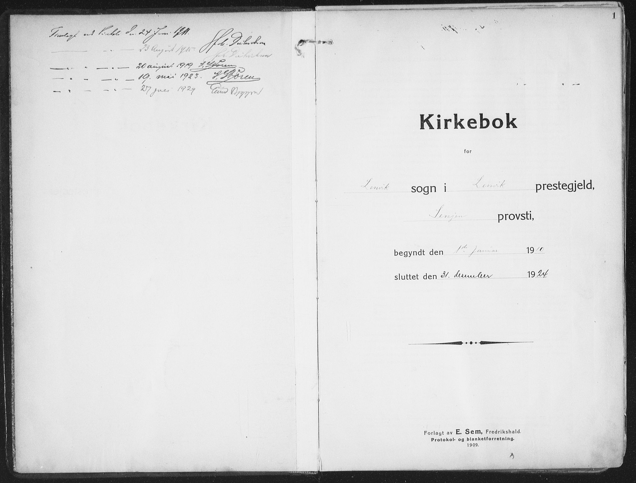 Lenvik sokneprestembete, AV/SATØ-S-1310/H/Ha/Haa/L0016kirke: Ministerialbok nr. 16, 1910-1924, s. 1