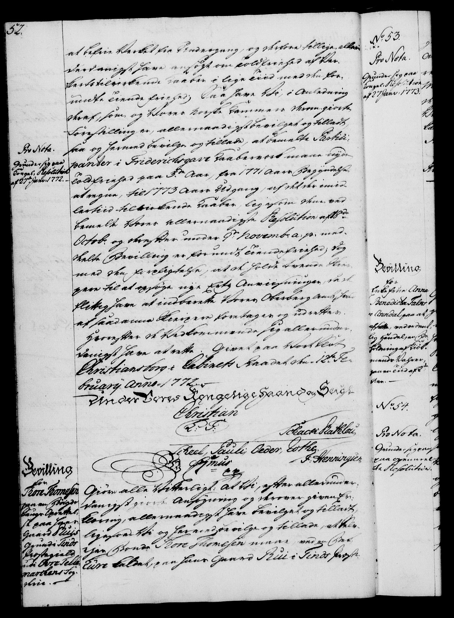 Rentekammeret, Kammerkanselliet, AV/RA-EA-3111/G/Gg/Gga/L0009: Norsk ekspedisjonsprotokoll med register (merket RK 53.9), 1771-1773, s. 52