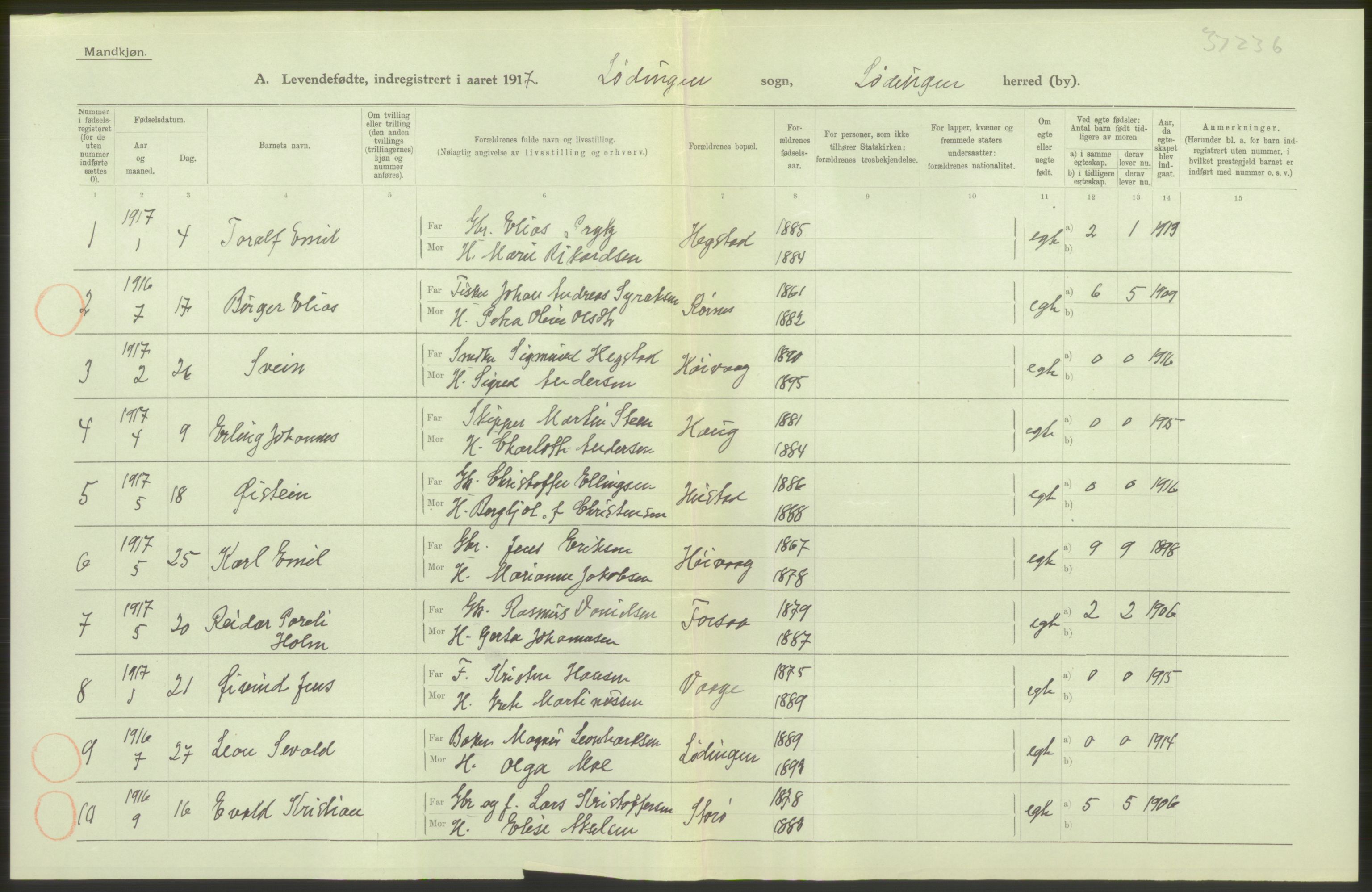 Statistisk sentralbyrå, Sosiodemografiske emner, Befolkning, AV/RA-S-2228/D/Df/Dfb/Dfbg/L0050: Nordlands amt: Levendefødte menn og kvinner. Bygder., 1917, s. 34