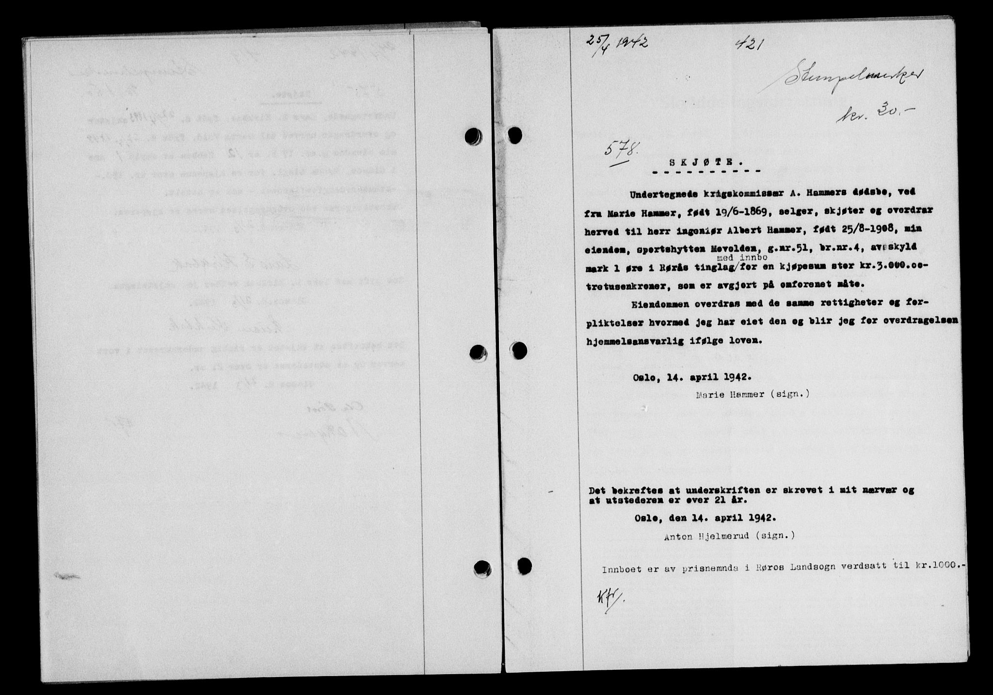 Gauldal sorenskriveri, SAT/A-0014/1/2/2C/L0054: Pantebok nr. 59, 1941-1942, Dagboknr: 578/1942
