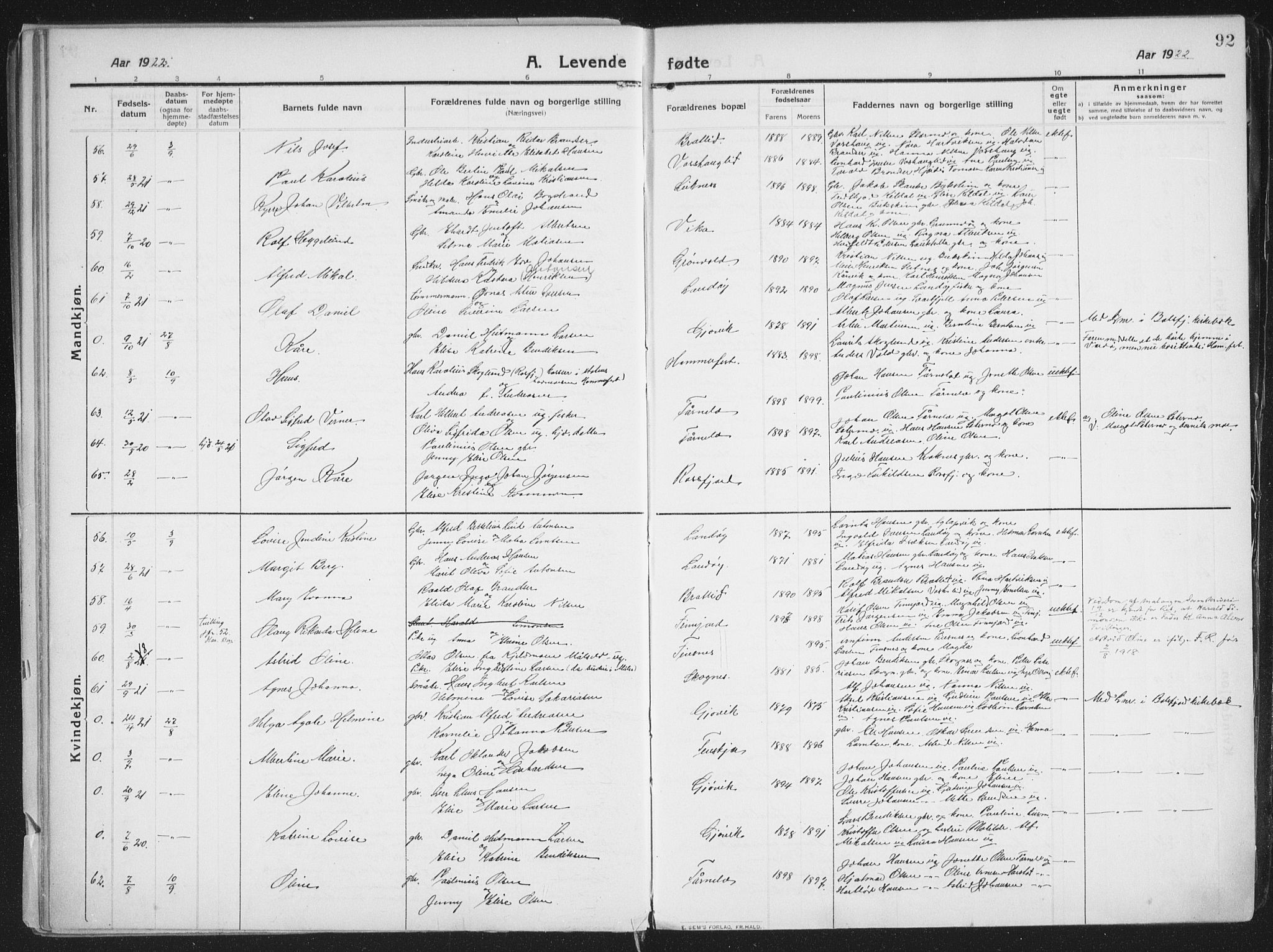 Lenvik sokneprestembete, AV/SATØ-S-1310/H/Ha/Haa/L0016kirke: Ministerialbok nr. 16, 1910-1924, s. 92