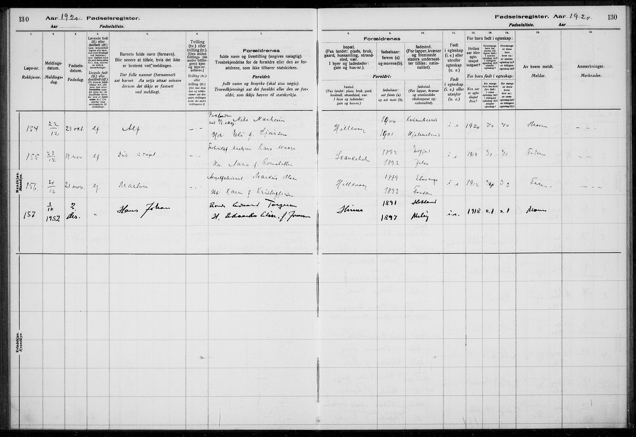 Hetland sokneprestkontor, AV/SAST-A-101826/70/704BA/L0003: Fødselsregister nr. 1, 1916-1923, s. 130