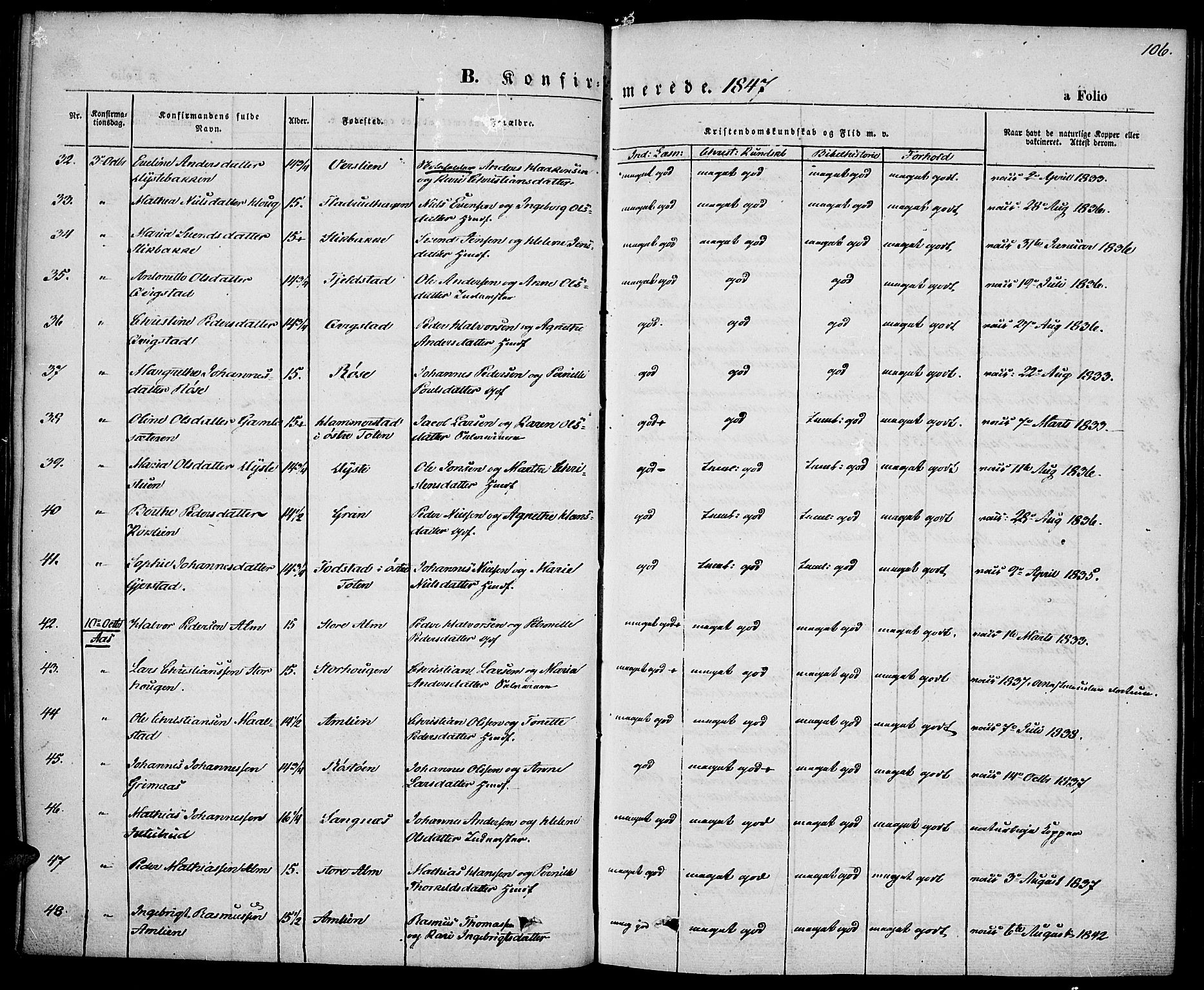 Vestre Toten prestekontor, AV/SAH-PREST-108/H/Ha/Haa/L0004: Ministerialbok nr. 4, 1844-1849, s. 106