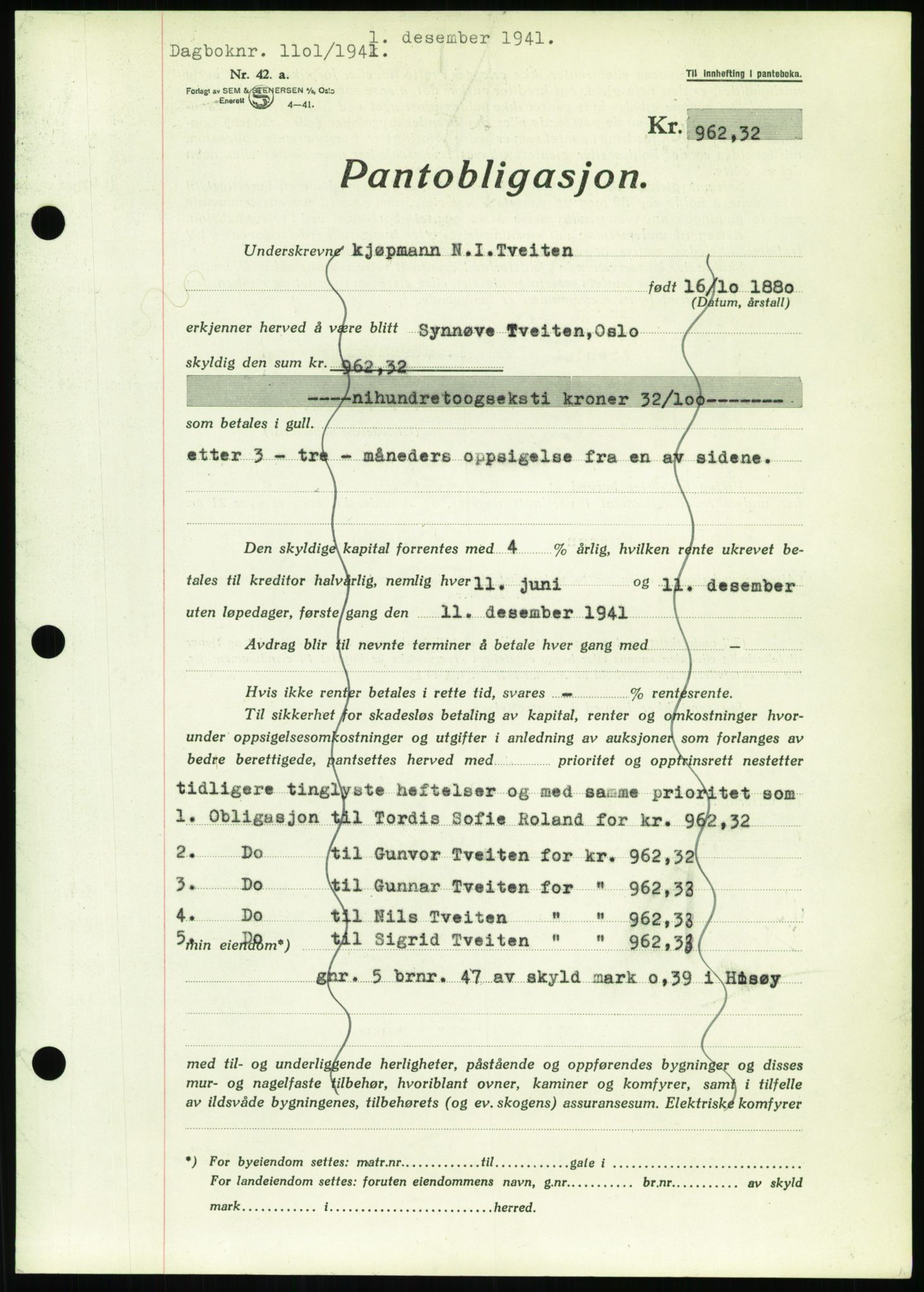 Nedenes sorenskriveri, SAK/1221-0006/G/Gb/Gbb/L0001: Pantebok nr. I, 1939-1942, Dagboknr: 1101/1941
