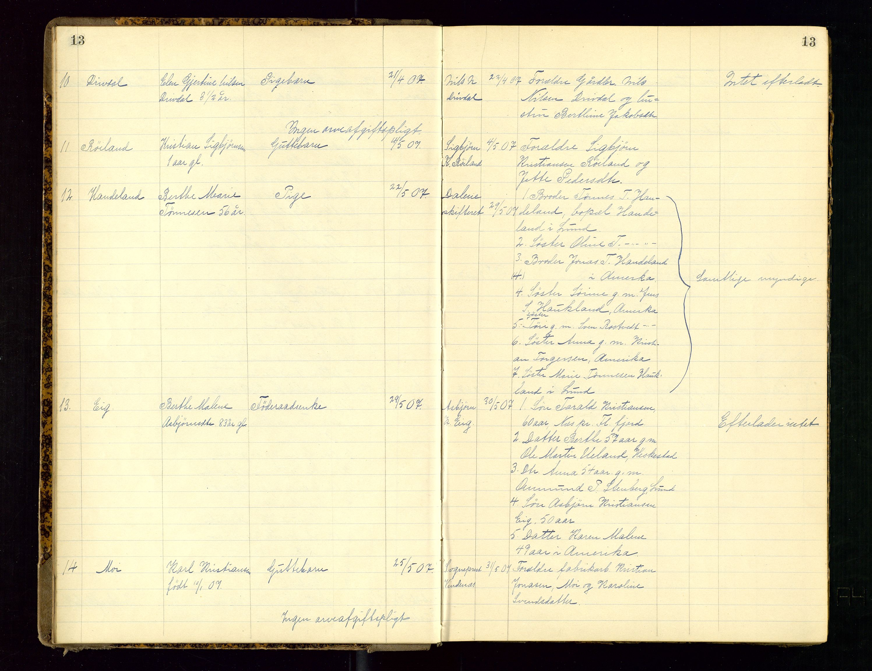 Dalane sorenskriveri, AV/SAST-A-100309/001/5/52/L0001: DØDSFALLPROTOKOLL, 1904-1911, s. 13